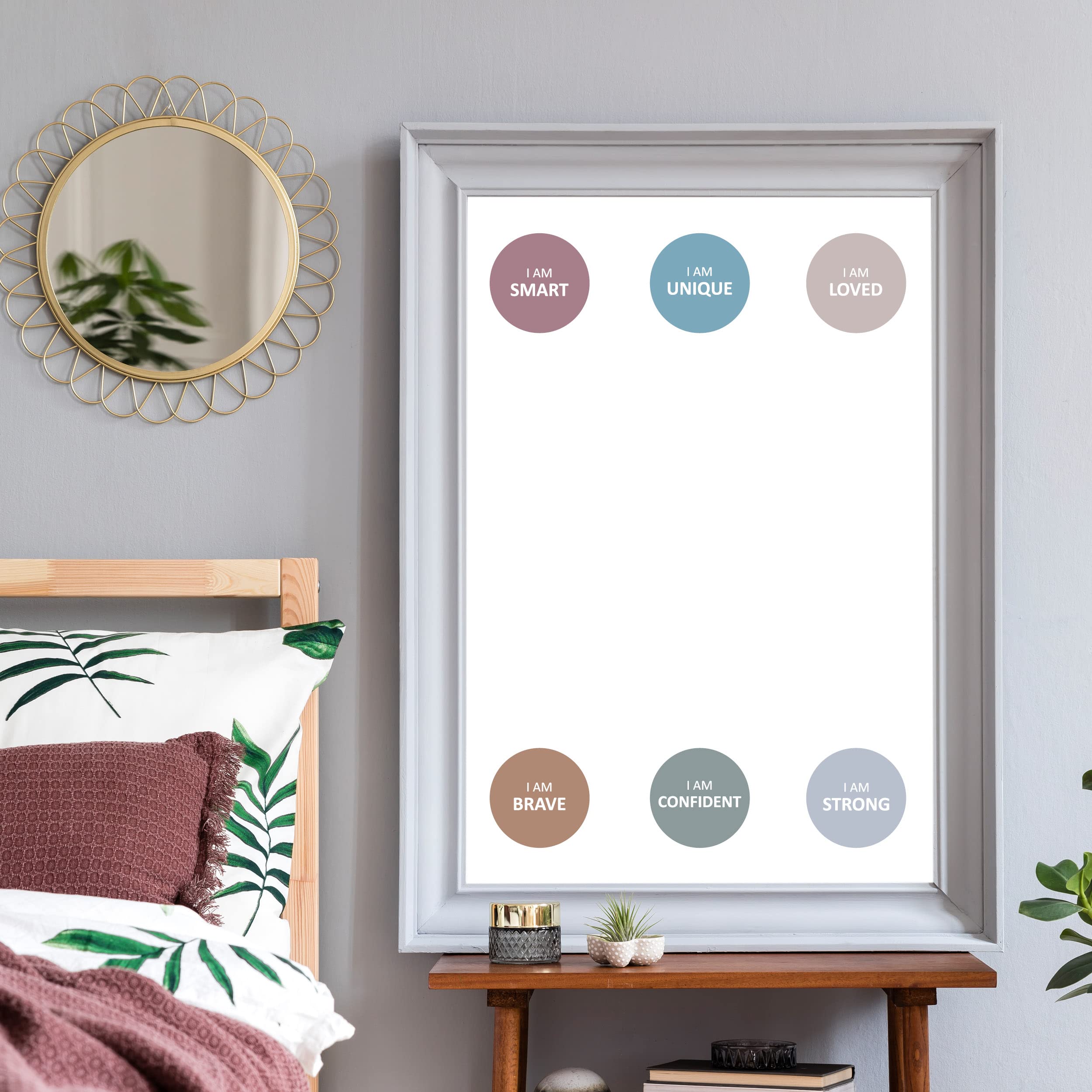 Affirmation Mirror Decals - Set Of 6 Colorful Vinyl Circle Dot Stickers I Am Smart, Unique, Loved, Brave, Confident - Bathroom B
