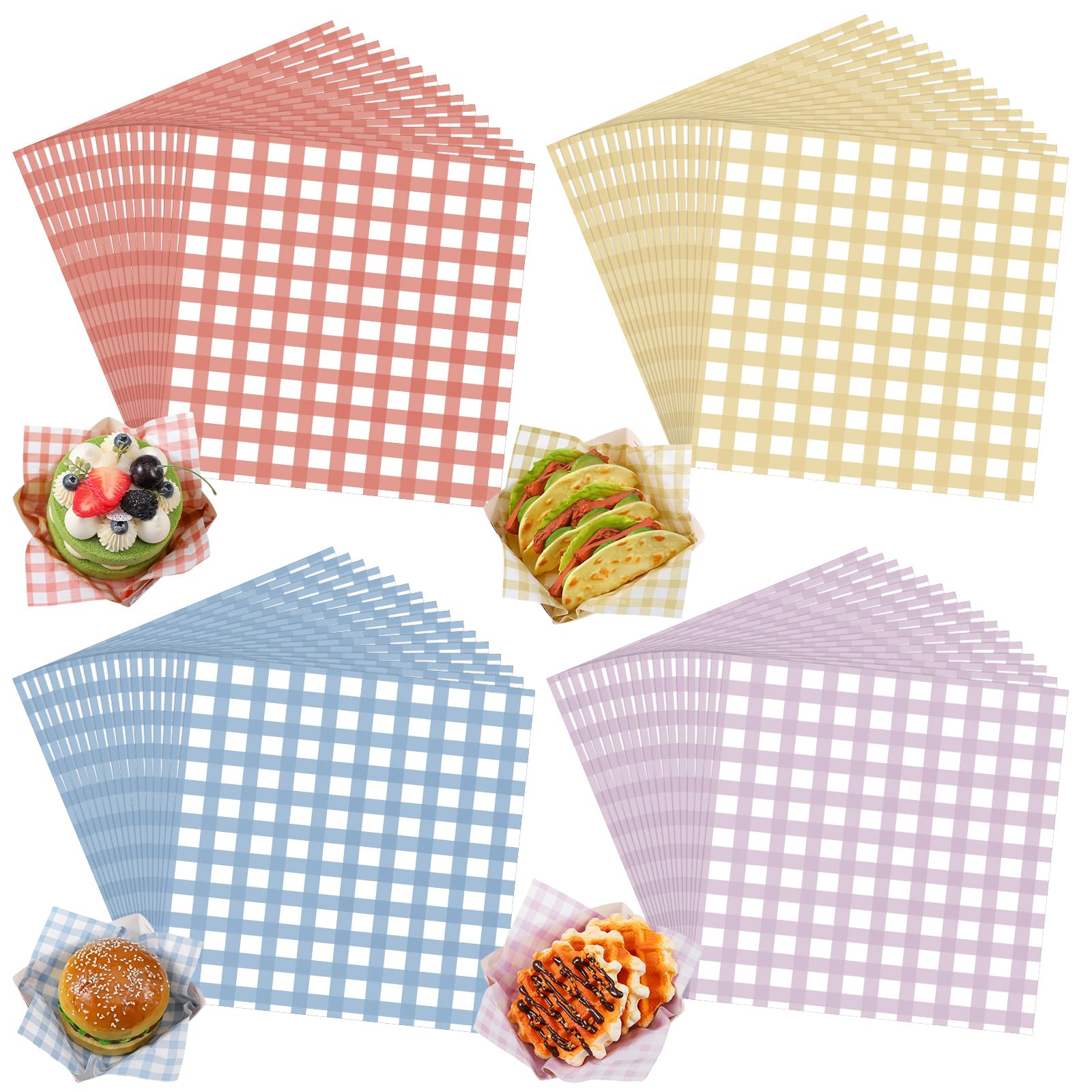 Honeydak 200 Pcs Checkered Wax Paper Sheets 7 x 7 Inch Variety Pack Checkered Deli Paper Sheets Food Basket Liners for Sandwich 