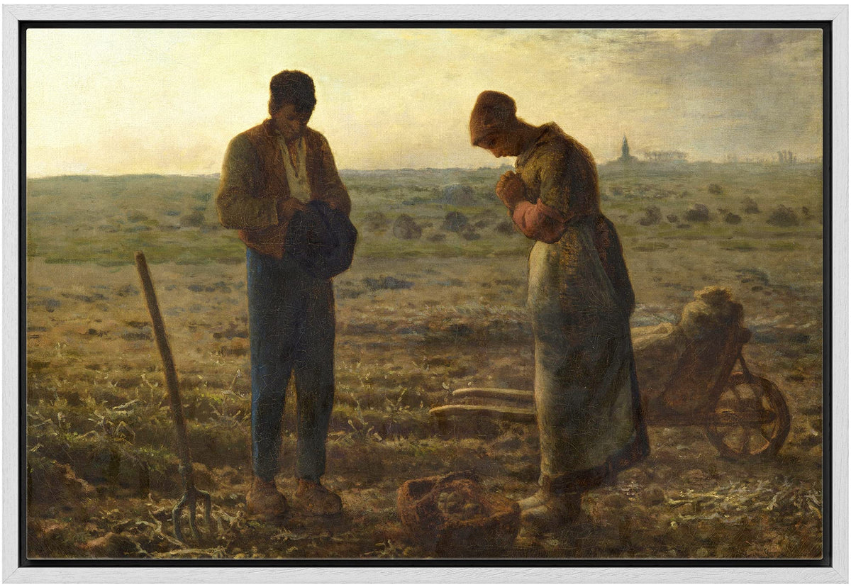 Wall26 - The Angelus By Jean-Francois Millet - Framed Canvas Print Wall Art Famous Painting Reproduction - 16''X24'' White