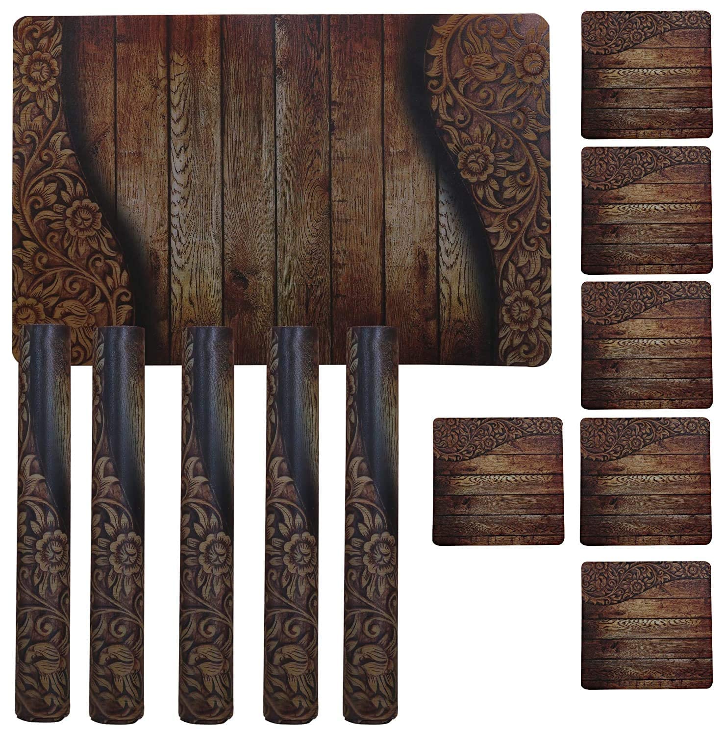 Kuber Industries Flower Pot Design Floral Pvc 6 Piece Dining Table Placemat Set With Tea Coasters - Brown