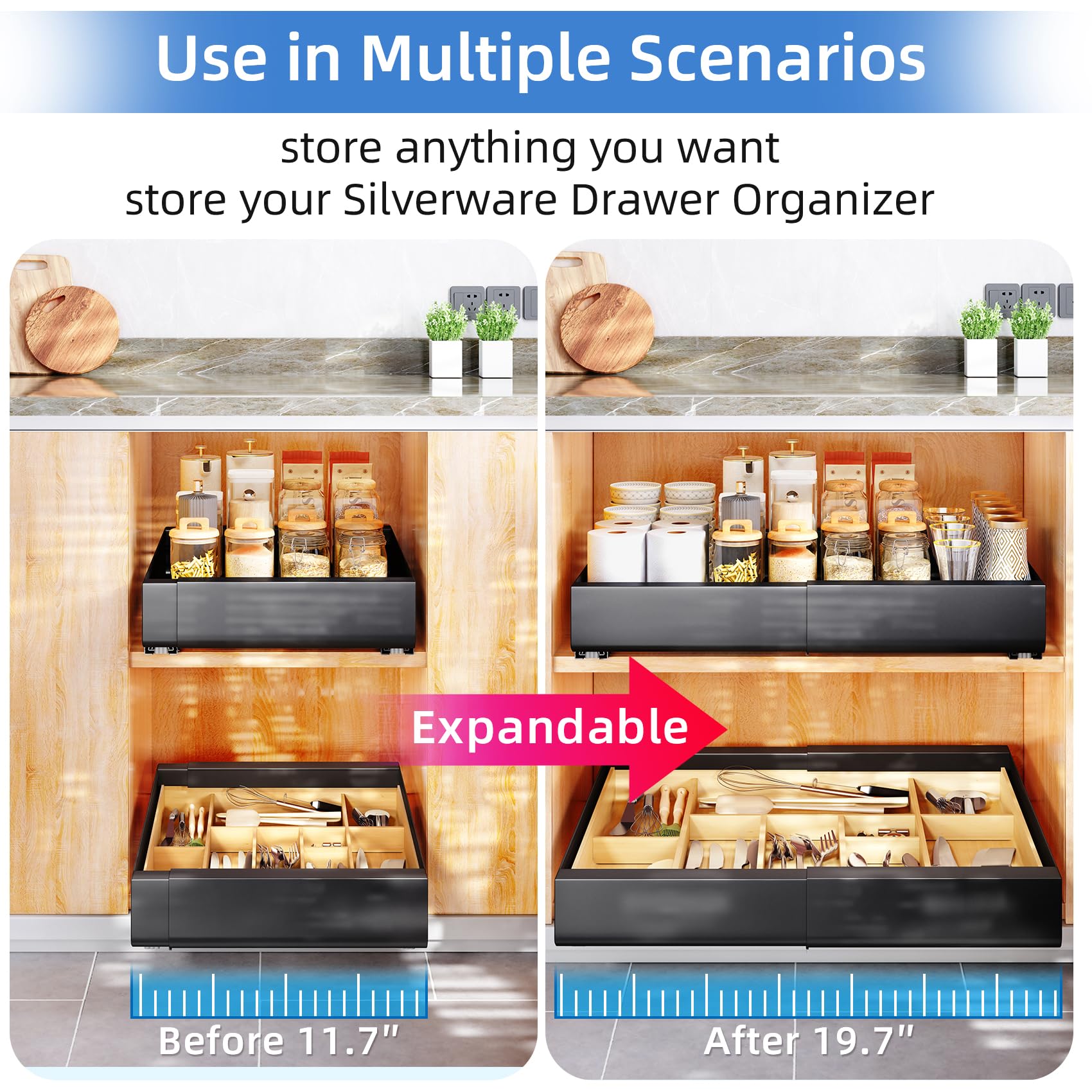 Pull Out Cabinet Organizer, Expandable(11.7''-19.7'') Heavy Duty Slide Out Drawers Fixed With Adhesive Nano Film For Pots, Roll