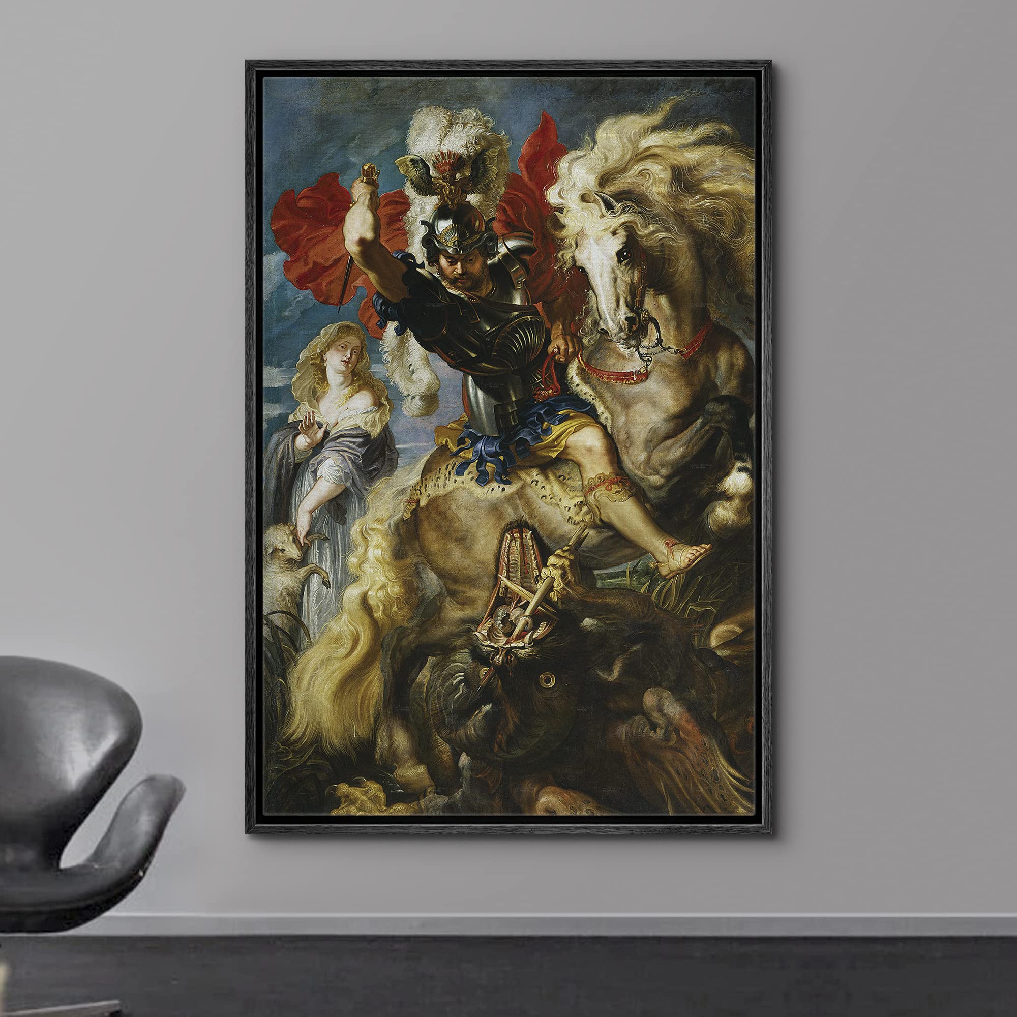 Wall26 - Oil Painting Of St George Fighting The Dragon By Peter Paul Rubens In 1606-10 - Baroque Style - Saint, Catholic - Frame