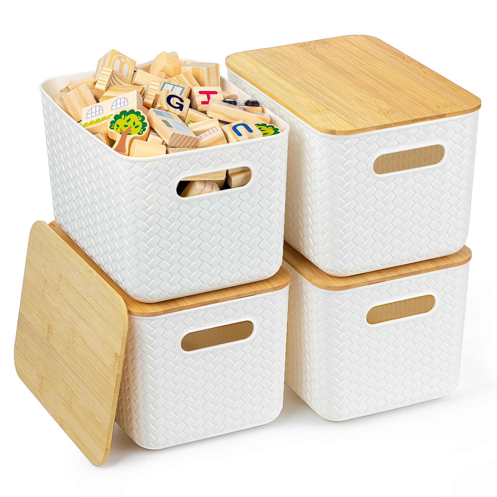 4 Packs Storage Bins With Bamboo Lids - Plastic Storage Containers With Lids Stackable Storage Box: Storage Baskets For Organizi