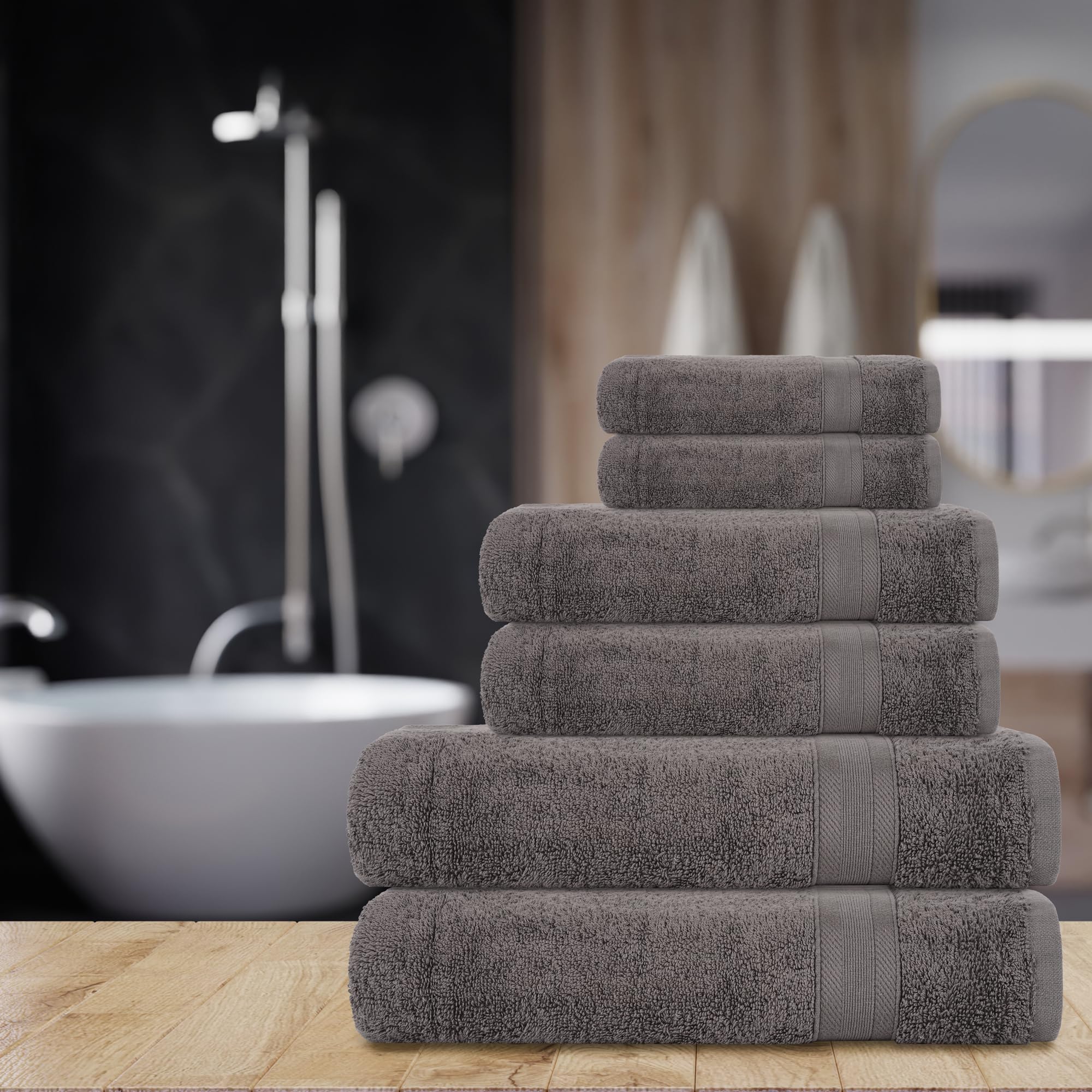 All Design Grey Bath Towels Set Quick-Dry  Soft  High Absorbent 100% Cotton Towels for Bathroom Guests Pool Gym Camp Travel College Dorm (6 Piece Towel Set  Grey)