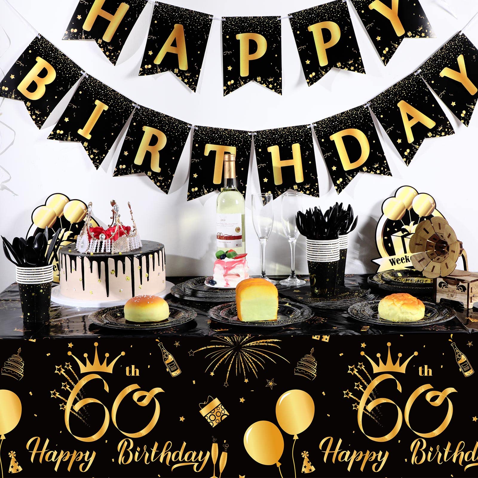 3 Pack 60Th Birthday Decoration Men 60Th Birthday Tablecloth Disposable Plastic Table Cover Rectangular Black And Gold Table Clo