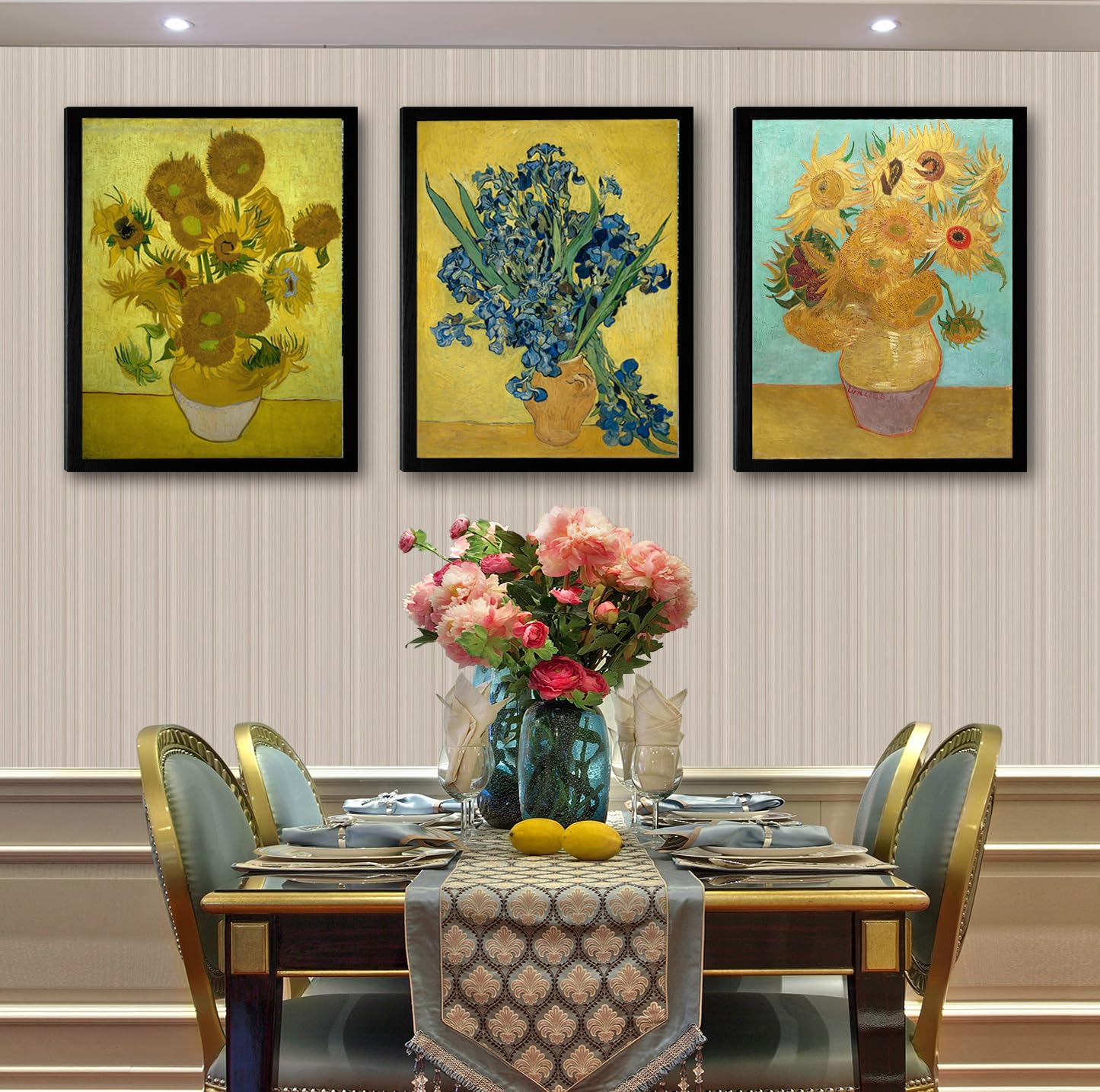 Black Framed Sunflower And Irises By Vincent Van Gogh Oil Paintings Reproduction Modern Floral Canvas Prints Artwork Flowers Pic