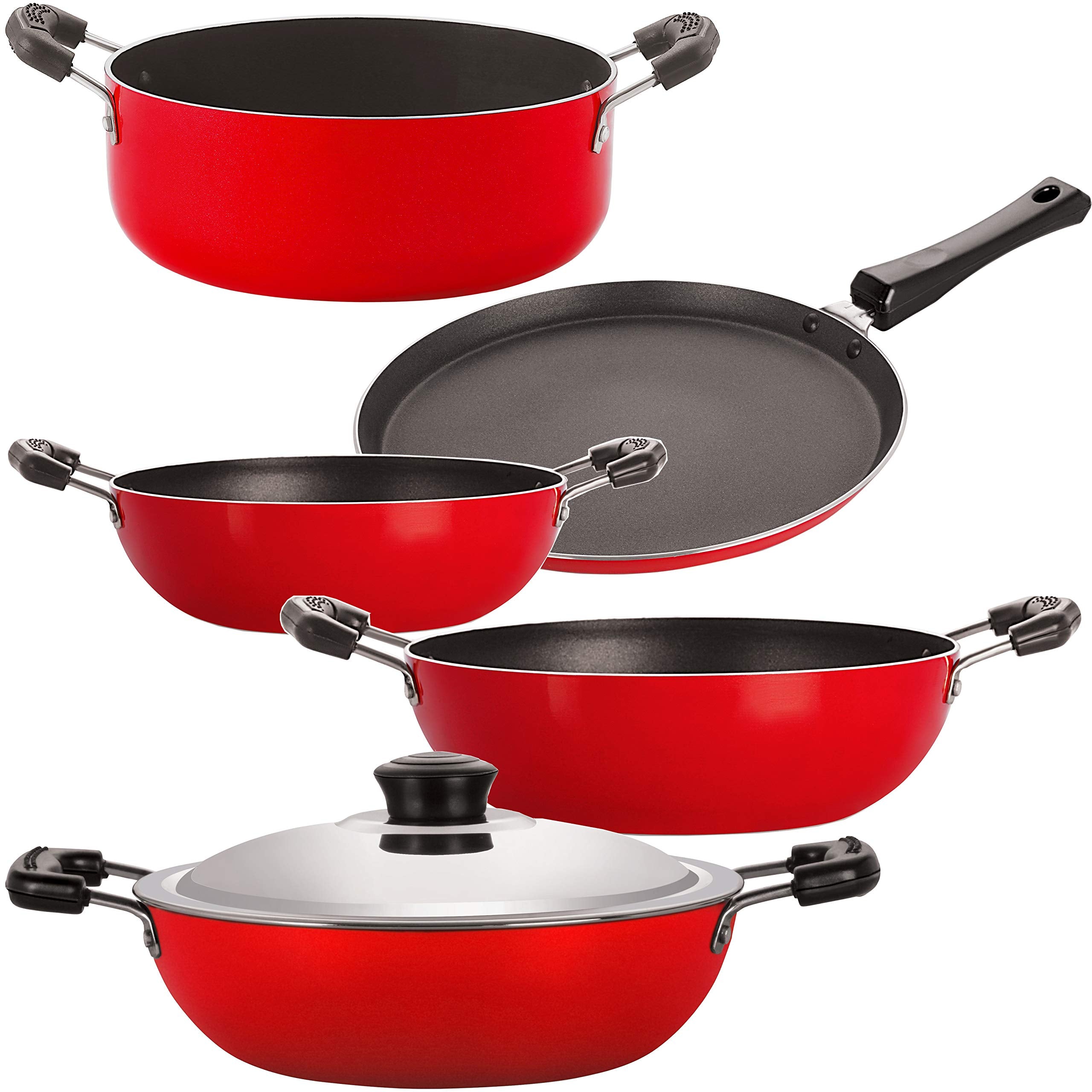 Nirlon NonStick 3 Layer Coated 5 Piece Cooking Essential Set Offer With Red And Black Color, Gas Compatible
