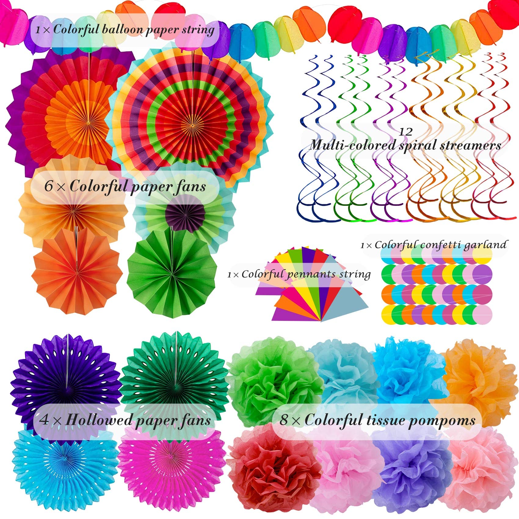 Huryfox Fiesta Party Decorations - 33pcs Colorful Mexican Themed Hanging Paper Fans  Rainbow Paper Pom Poms  Fiesta Bunting and Tissue Paper Streamers for Birthday  Festival  and Rainbow Parties