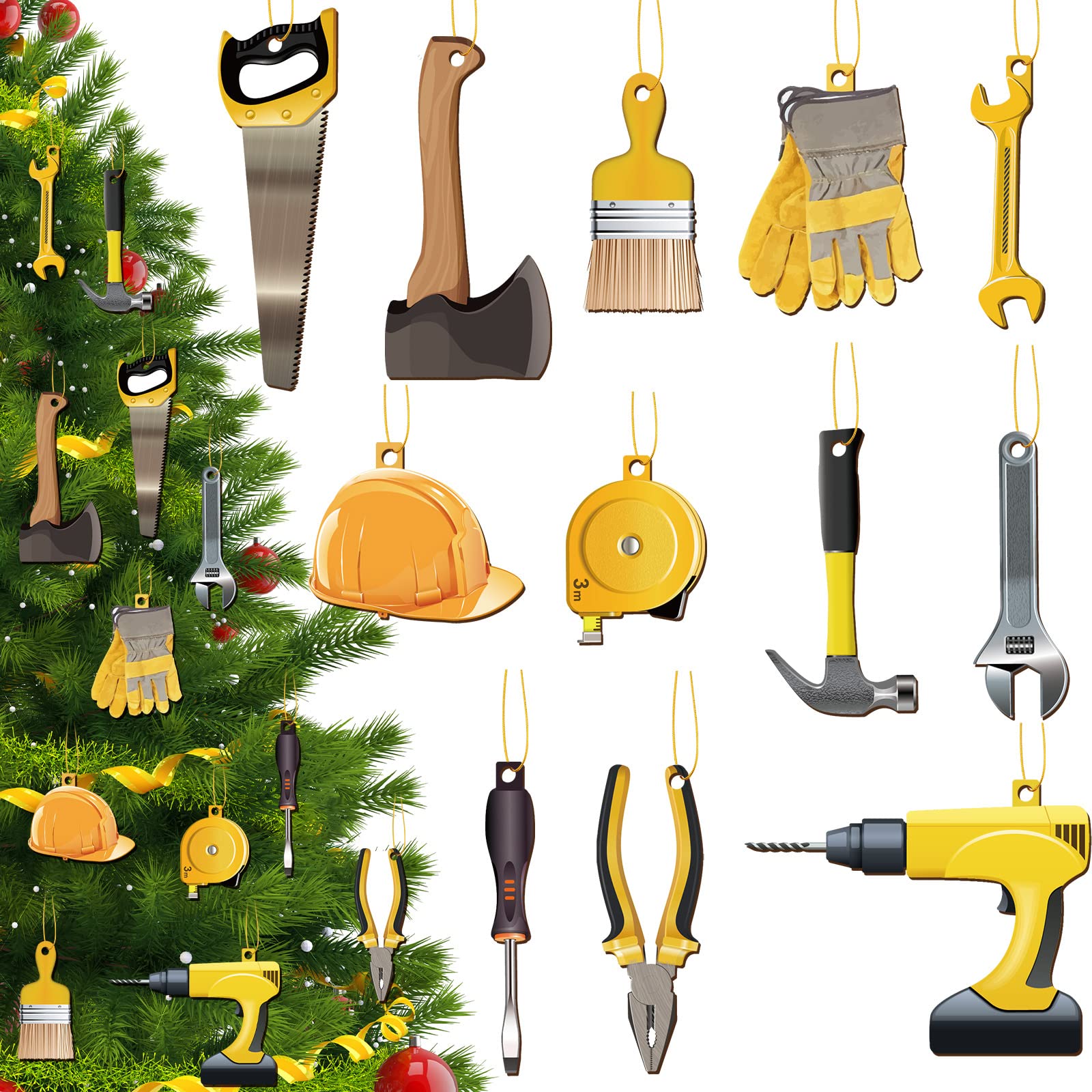 Lauwell 60 Pcs Construction Christmas Tree Ornament Handyman Tool Wooden Christmas Hanging Decoration Wood Axe Pliers Hammer Har
