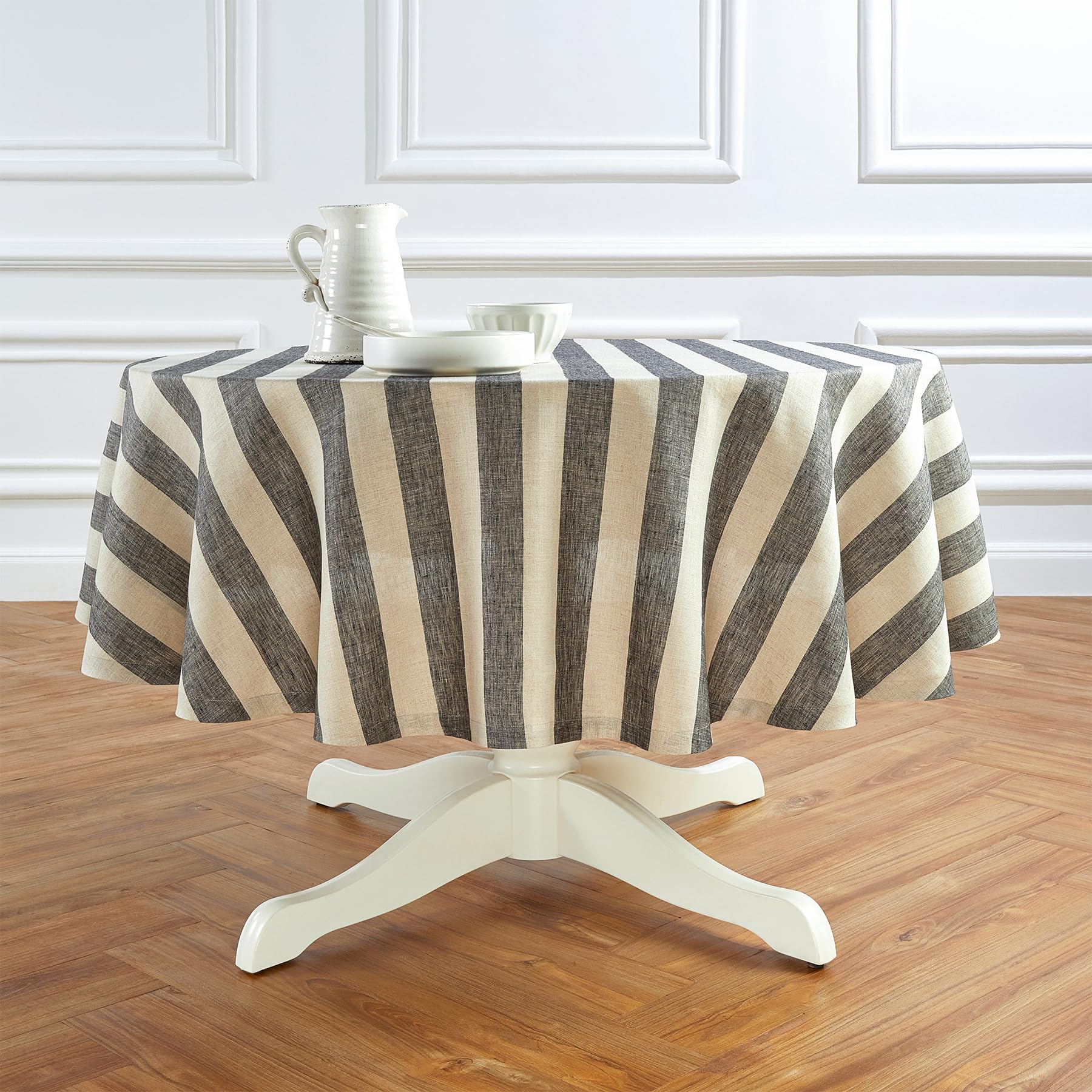 Solino Home Cabana Stripe Linen Round Tablecloth 60 Inch Diameter - 100% Pure Linen Black And Natural Tablecloth - Handcrafted A