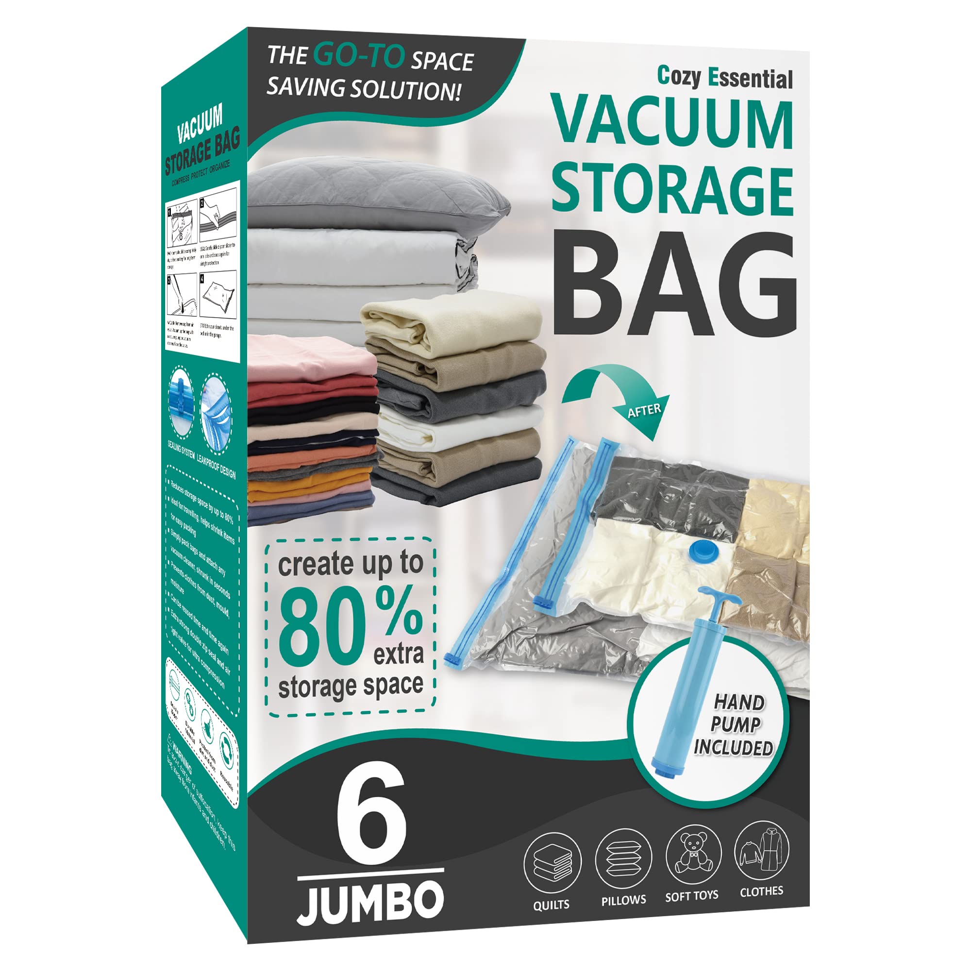 6 Jumbo Vacuum Storage Bags, Space Saver Bags Compression Storage Bags For Comforters And Blankets, Vacuum Sealer Bags For Cloth