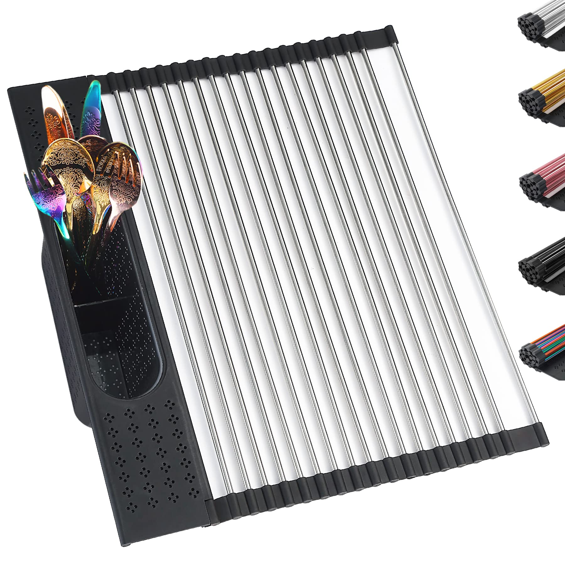 Berglander Dish Drying Rack Over The Sink  L17.5 by W 15'' Rollable Stainless Steel Dish Rack with Removable Storage Basket  Perfect for Kitchen Sink