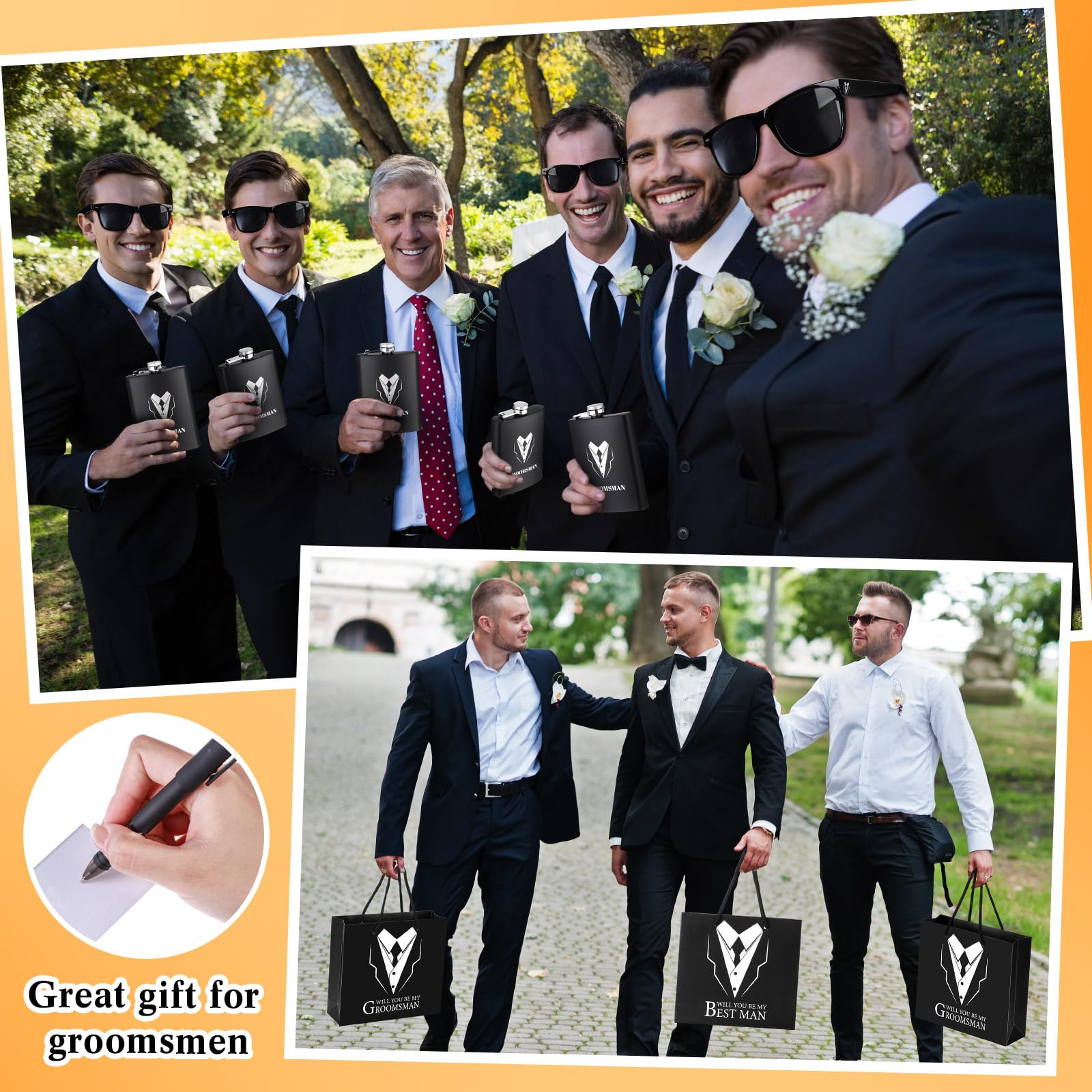 Layhit 54 Pcs Groomsmen Gifts Set Of 6, Groomsmen Proposal Gift Set, 6 Flask And 12 Stainless Steel Shot Glass 6 Wood Bottle Ope