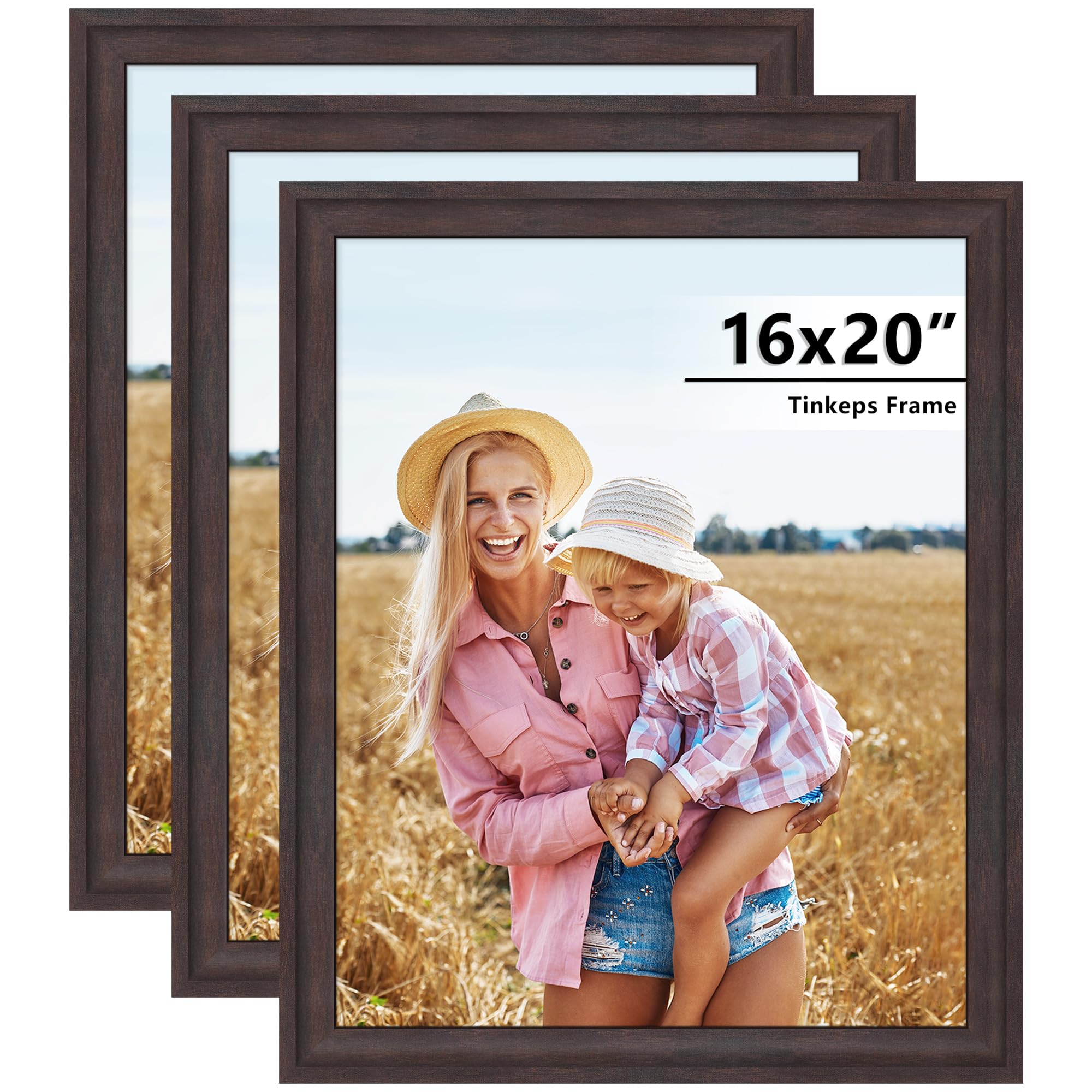Tinkeps 16x20 Frames Walnut Brown Set of 3, 1-3/8 Wide MDF Frame with Plexiglass, Rustic 16 x 20 Picture Frame for Home Decor, G