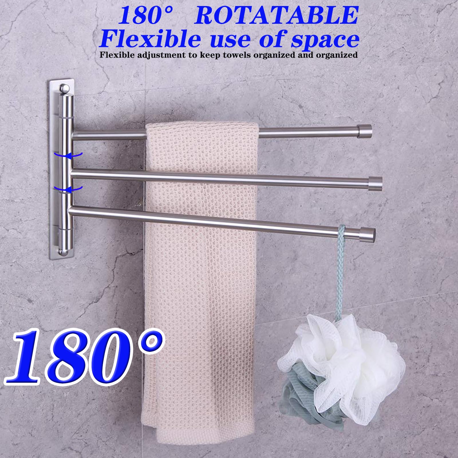 GERZWY Bath Towel Holder Swing Out Towel Bar SUS 304 Stainless Steel Bathroom Hand Towel Rack 3-Bar Folding Arm Swivel Hanger Wall Mount Brushed Finish