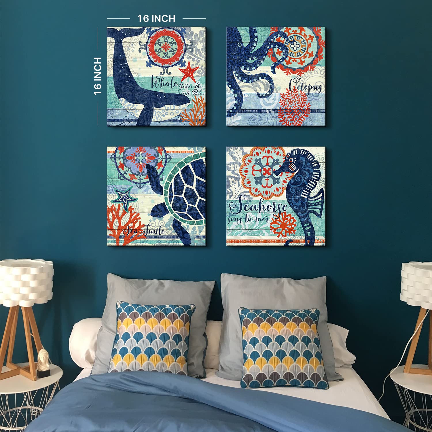 Nautical Wall Art Boho Bathroom Decor Navy Blue Beach Themed Sea Turtle Octopus Whale Canvas Pictures Coastal Artwork Vintage Na