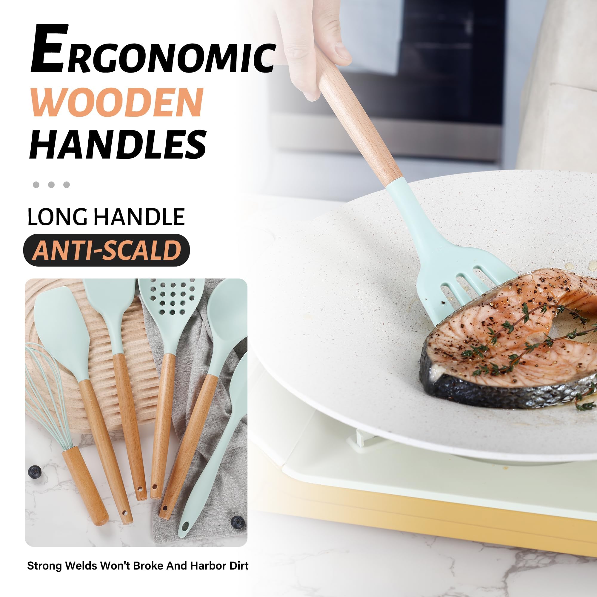 Hvygss Silicone Cooking Utensils Set, Green Kitchen Utensils Set With Holder 26Pcs Wooden Handle Spatula Set For Nonstick Cookwa