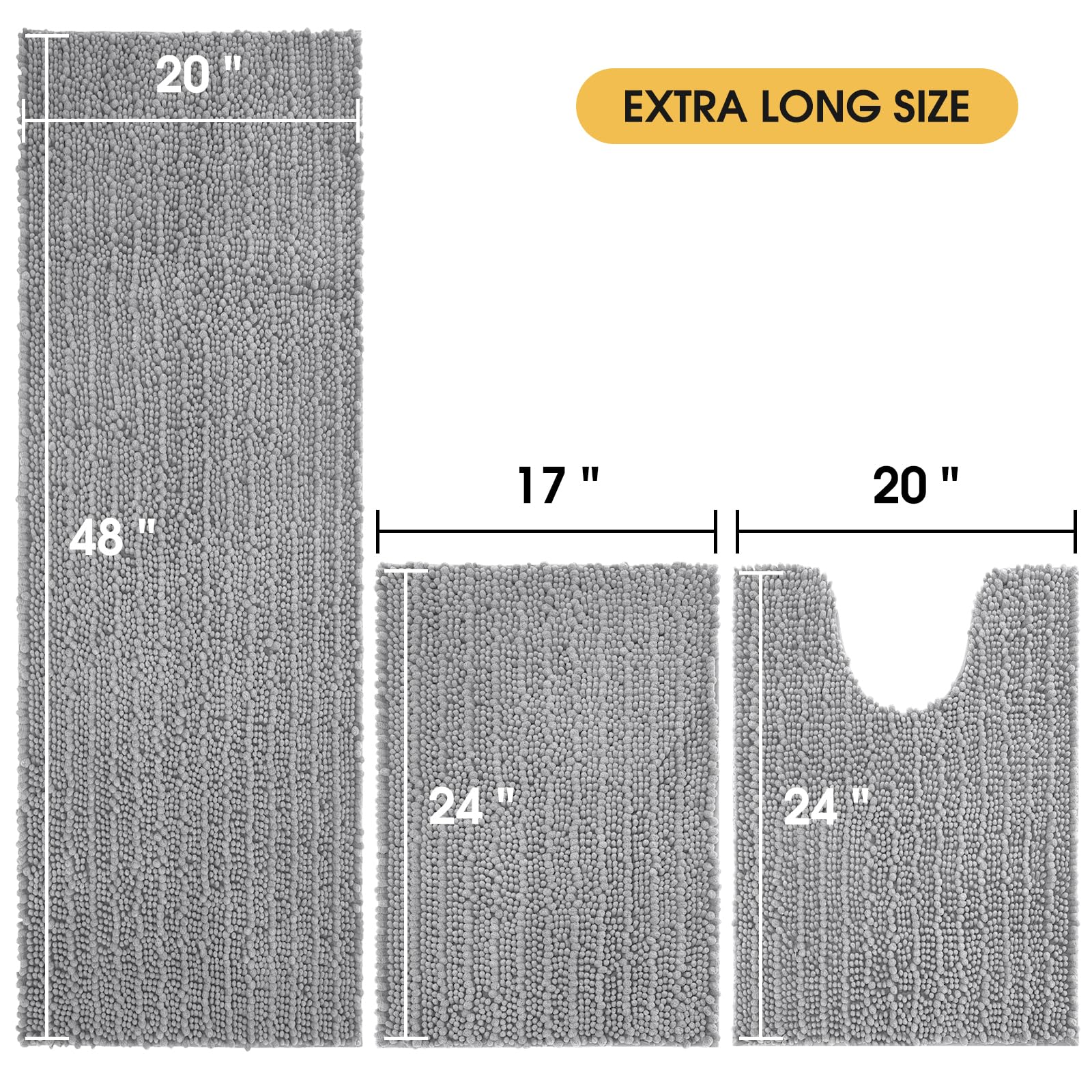 Accumtek Upgrade Extra Large Light Grey Bathroom Rug Set 3 Pieces Gray Ultra Soft, Thick Absorbent Bath Mats, Non Slip Chenille