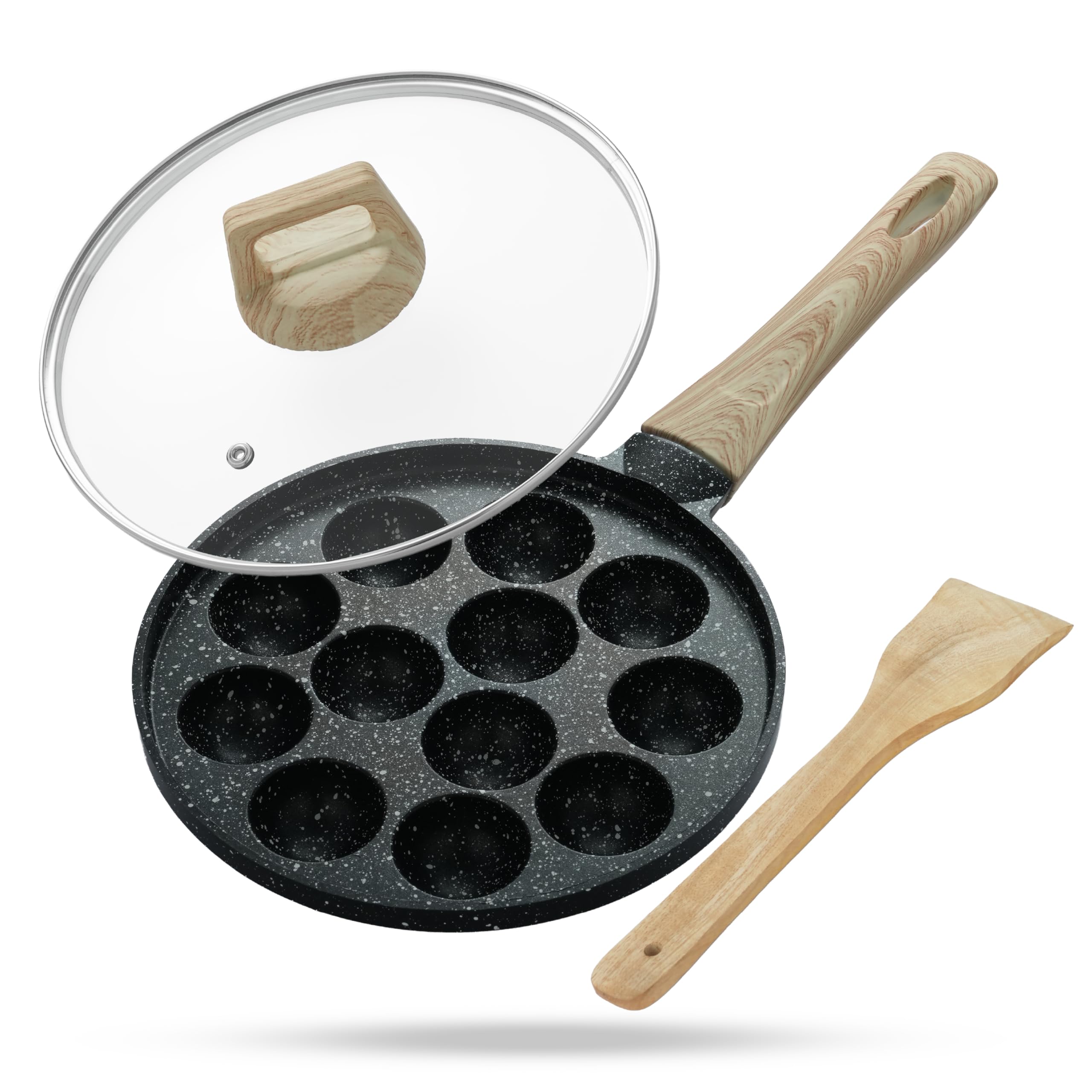 Lifelong Diecast Aluminum Paniyaram Pan | 12 Pits, 1.5Kg | 0.54L | 25Cm Diameter |Pan With Glass Lid & Wooden-Finish Handle | Fo