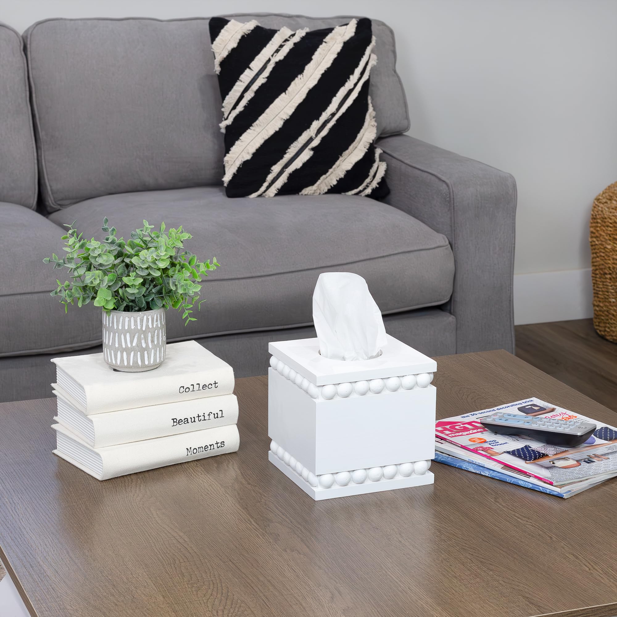 Auldhome Design Beaded Square Tissue Box Cover (White); Rustic Farmhouse Wood Tissue Holder