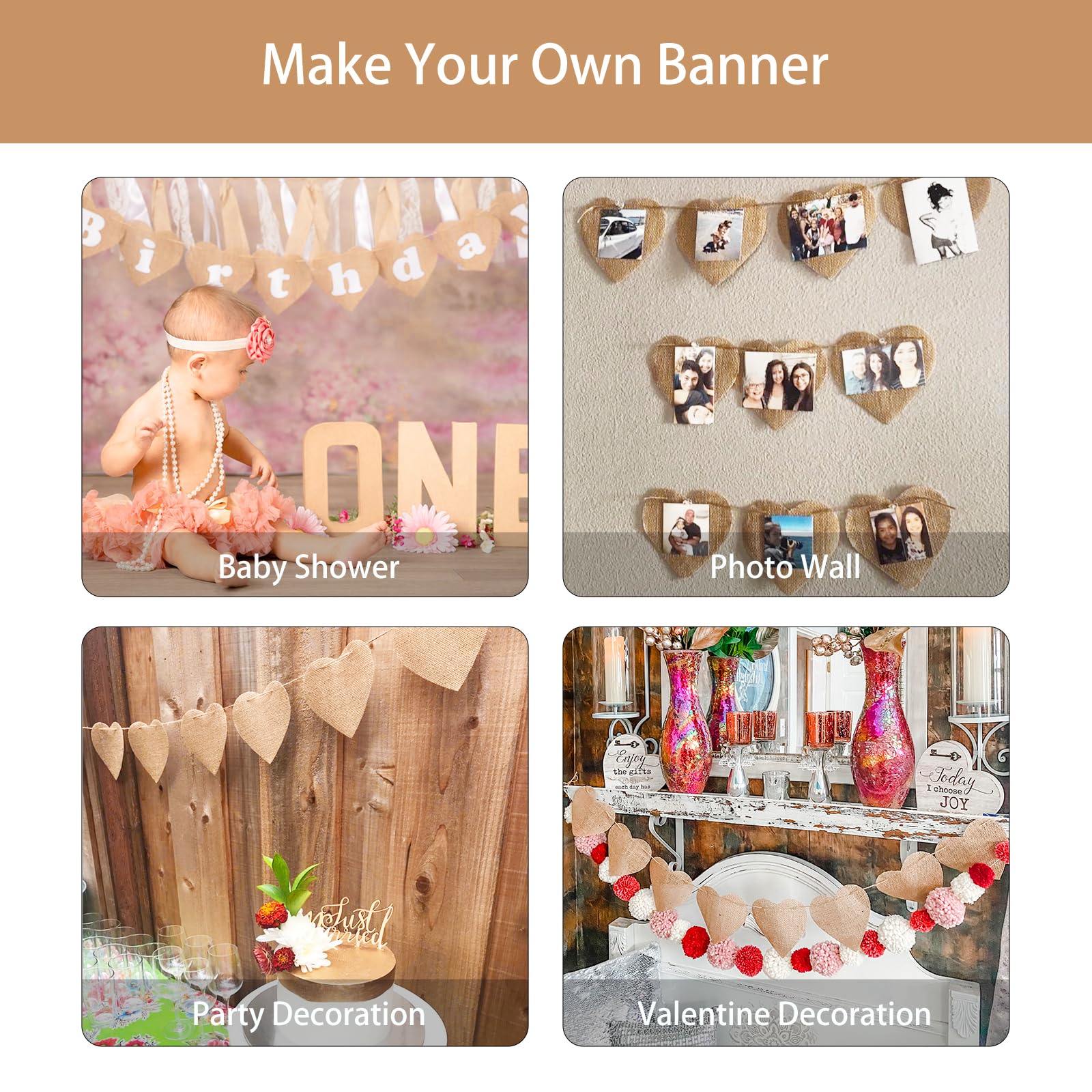 Gcqq Valentine'S Day Banner, Heart Shaped Burlap Banner, No Diy Heart Banner, 15Pcs 5''X6'' Valentine Banner Garland, Jute Burla