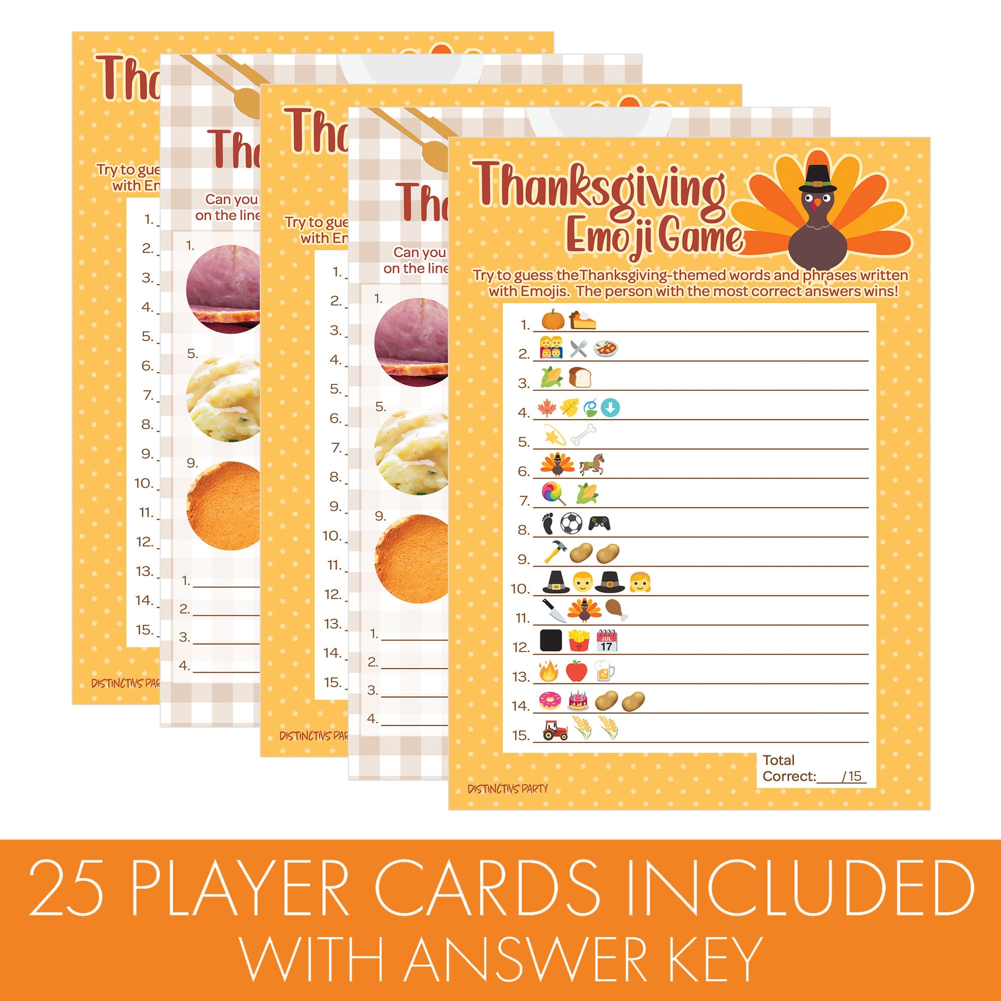 DISTINCTIVS Thanksgiving Party Games, Turkey Emoji Game and Thanksgiving Food Quiz 2 Game Bundle - 25 Dual Sided Cards