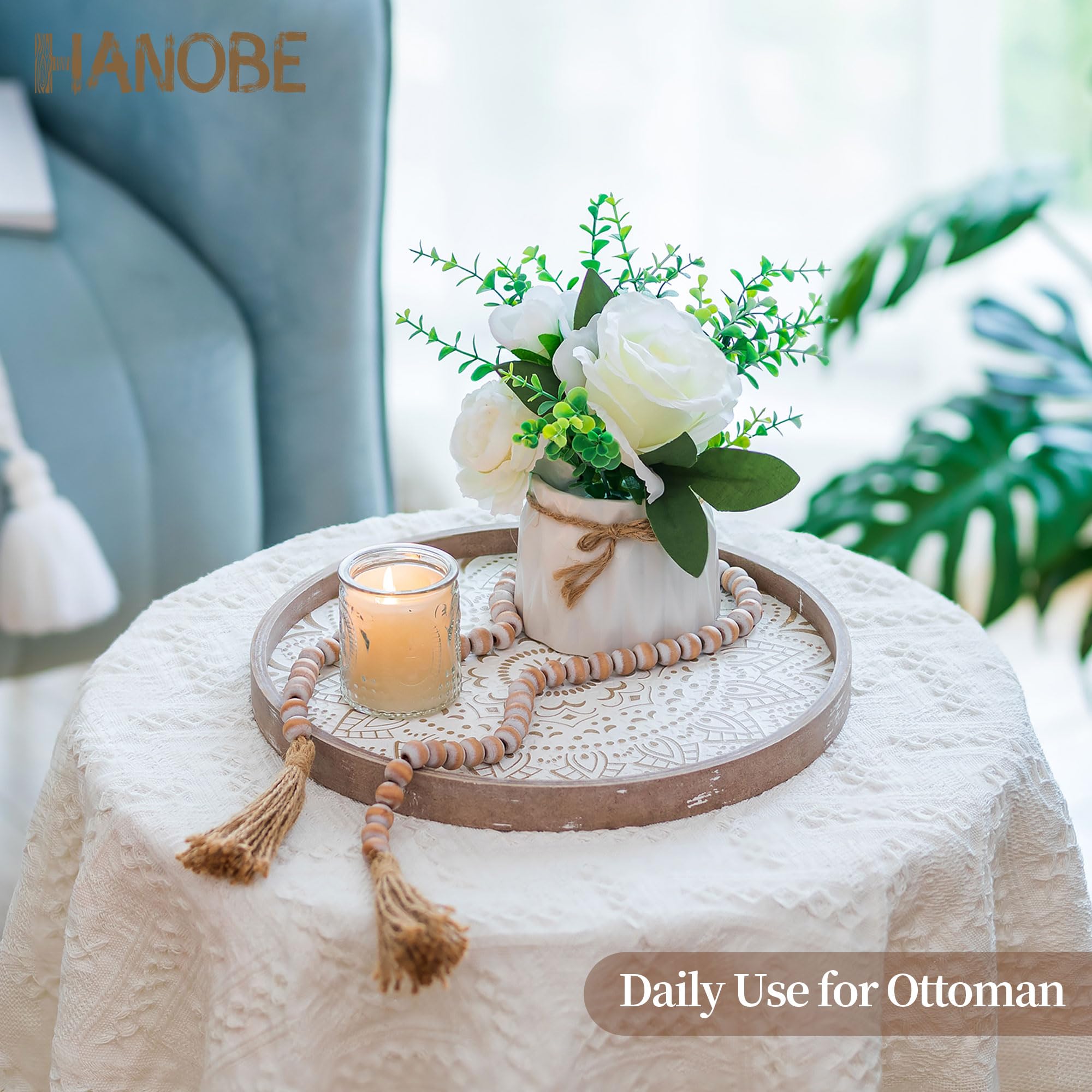 Hanobe Round Decorative Coffee Tray: Rustic Table Tray Decor Farmhouse Centerpiece Wood Circle Tray Floral Serving Trays for Kitchen Counter Boho Ottoman Tray for Home  Brown