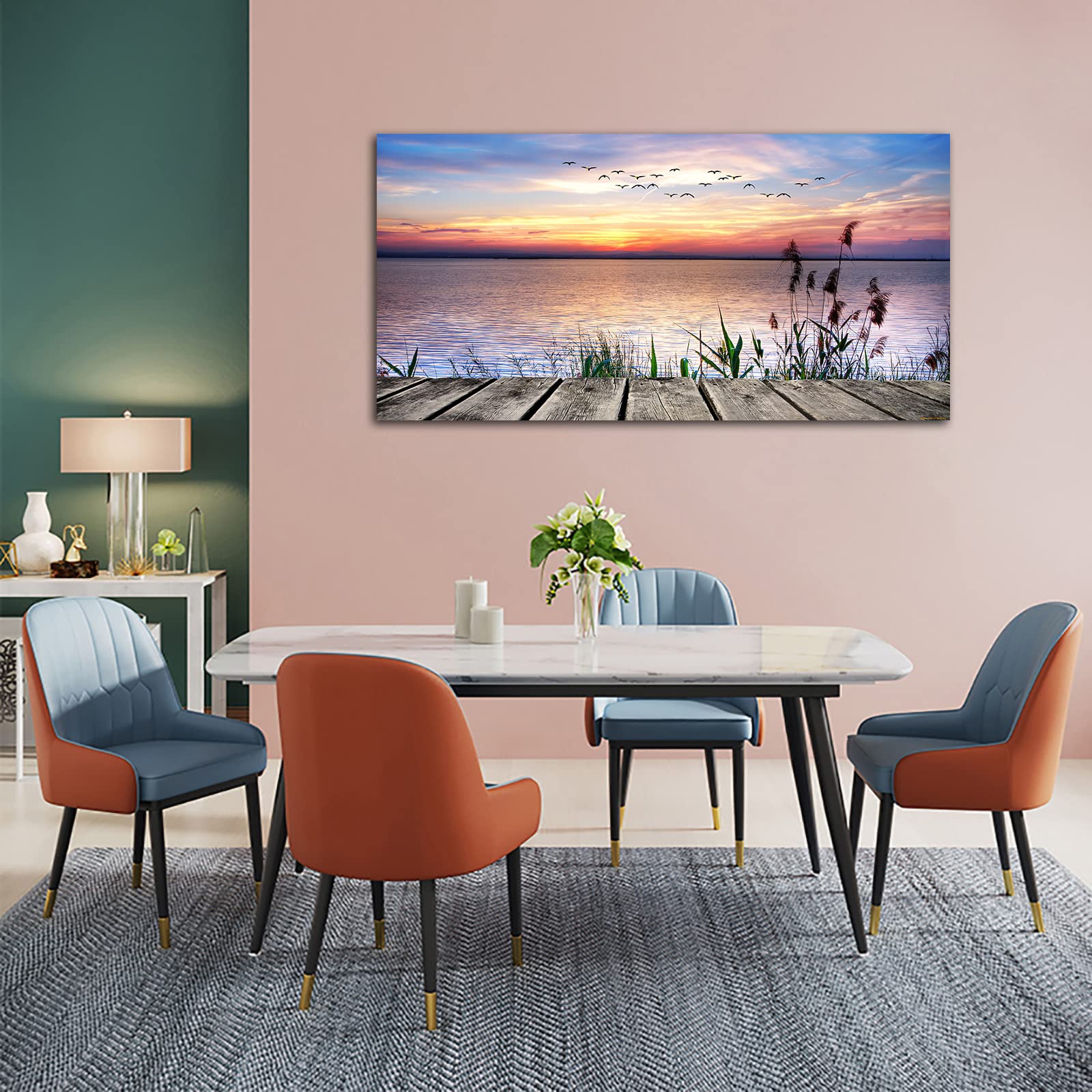Large Wall Art for Living Room Peaceful Lake Sunset for Bedroom Wall Decor Contemporary Canvas Wall Art Nature Sunset Dock Flying Birds Grass Landscape for Home Office Decoration 24'' x 48''