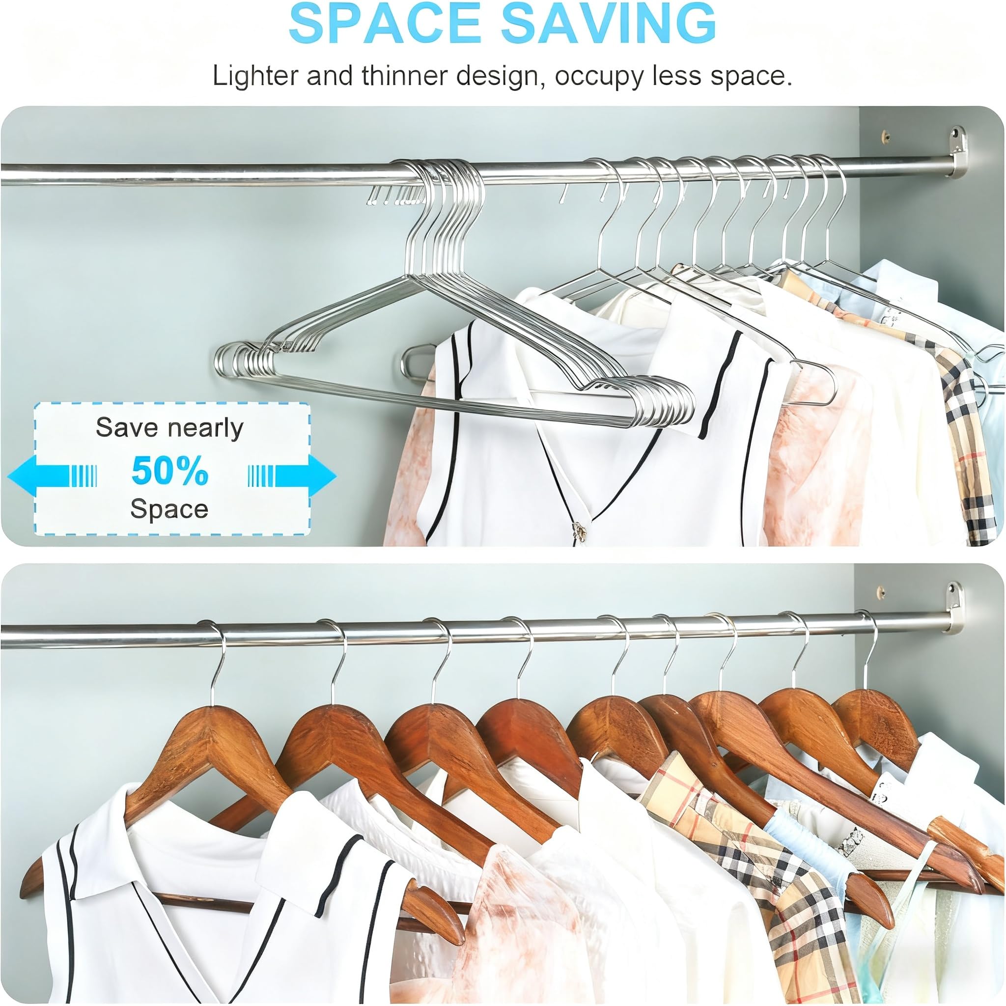 Seropy Clothes Hangers 50 Pack Coat Hangers Wire Hangers Bulk Metal Hangers Non Slip Heavy Duty Clothing Hangers Space Saving Thin Hangers Stainless Steel Hanger for Clothes  16.5 Inch