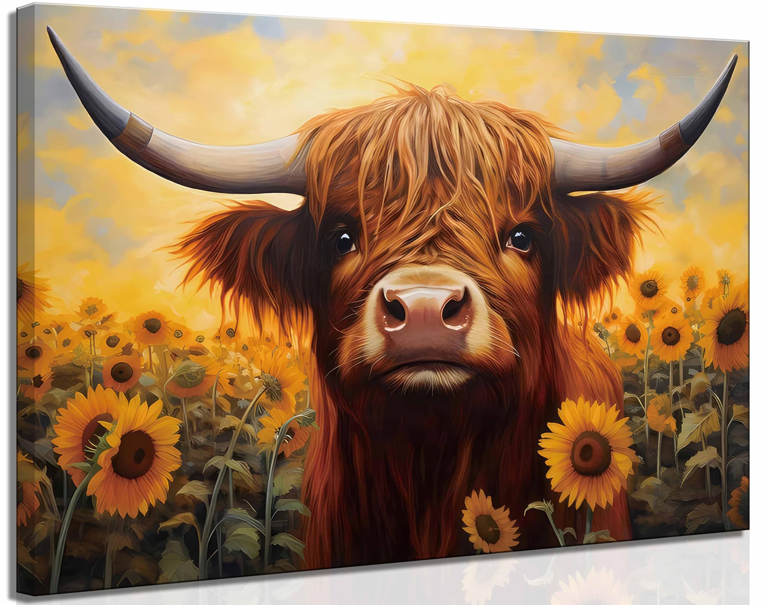 Framed Highland Cow Canvas Wall Art, Sunflower Field And Scottish Cow Poster Picture Print Wall Decor, Modern Farmhouse Animal B