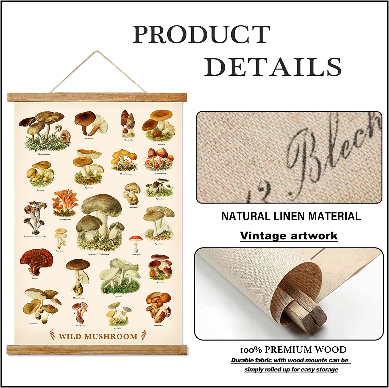 Ovfovy Vintage Mushroom Poster With Wooden Frame, Retro Botanical Educational Art Chart - Cute Style Wall Hanging For Home Class
