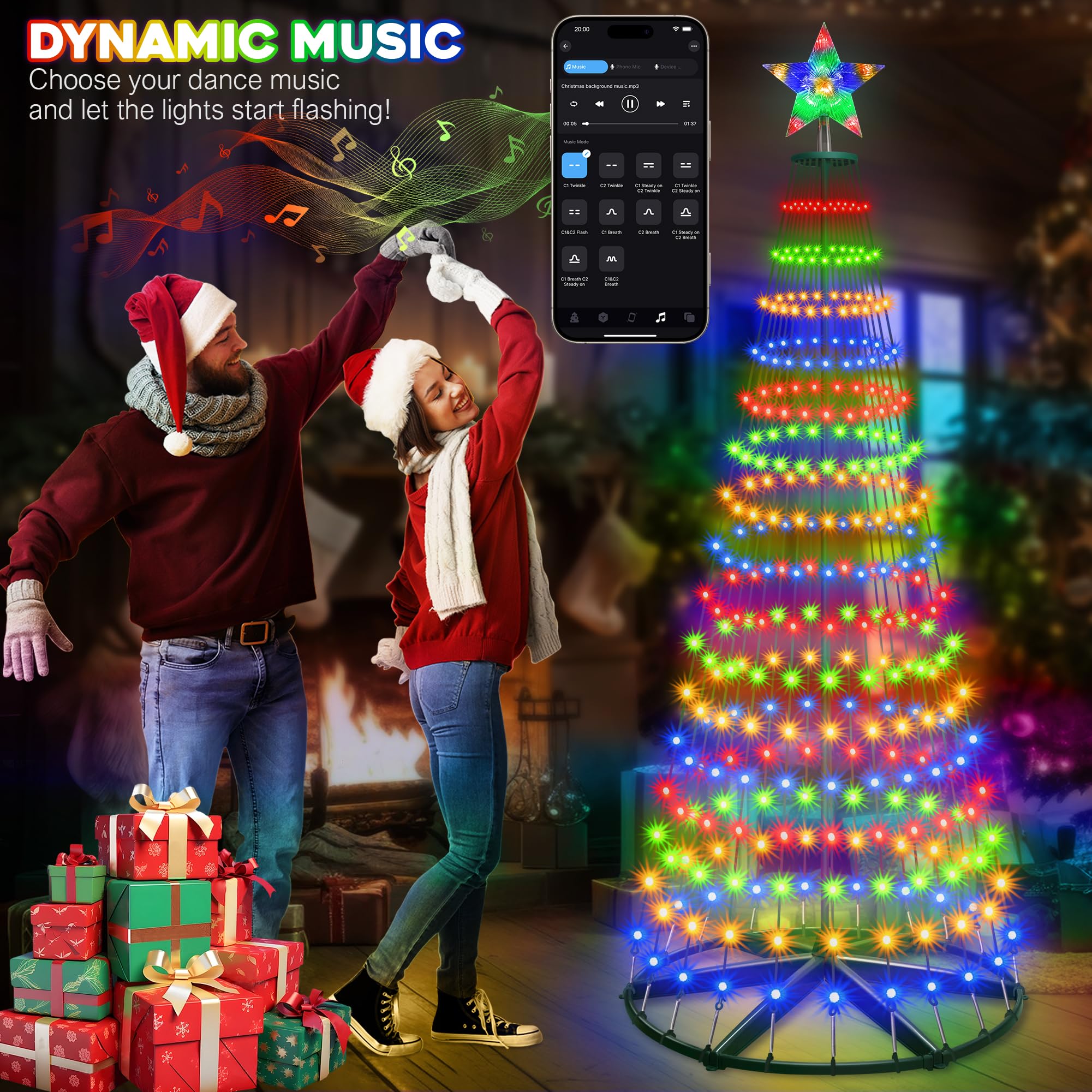 30+ Modes Smart Prelit Christmas Cone Tree with Lights - 4ft 119 LED App Control Color Changing Light Show Trees with Remote Tim