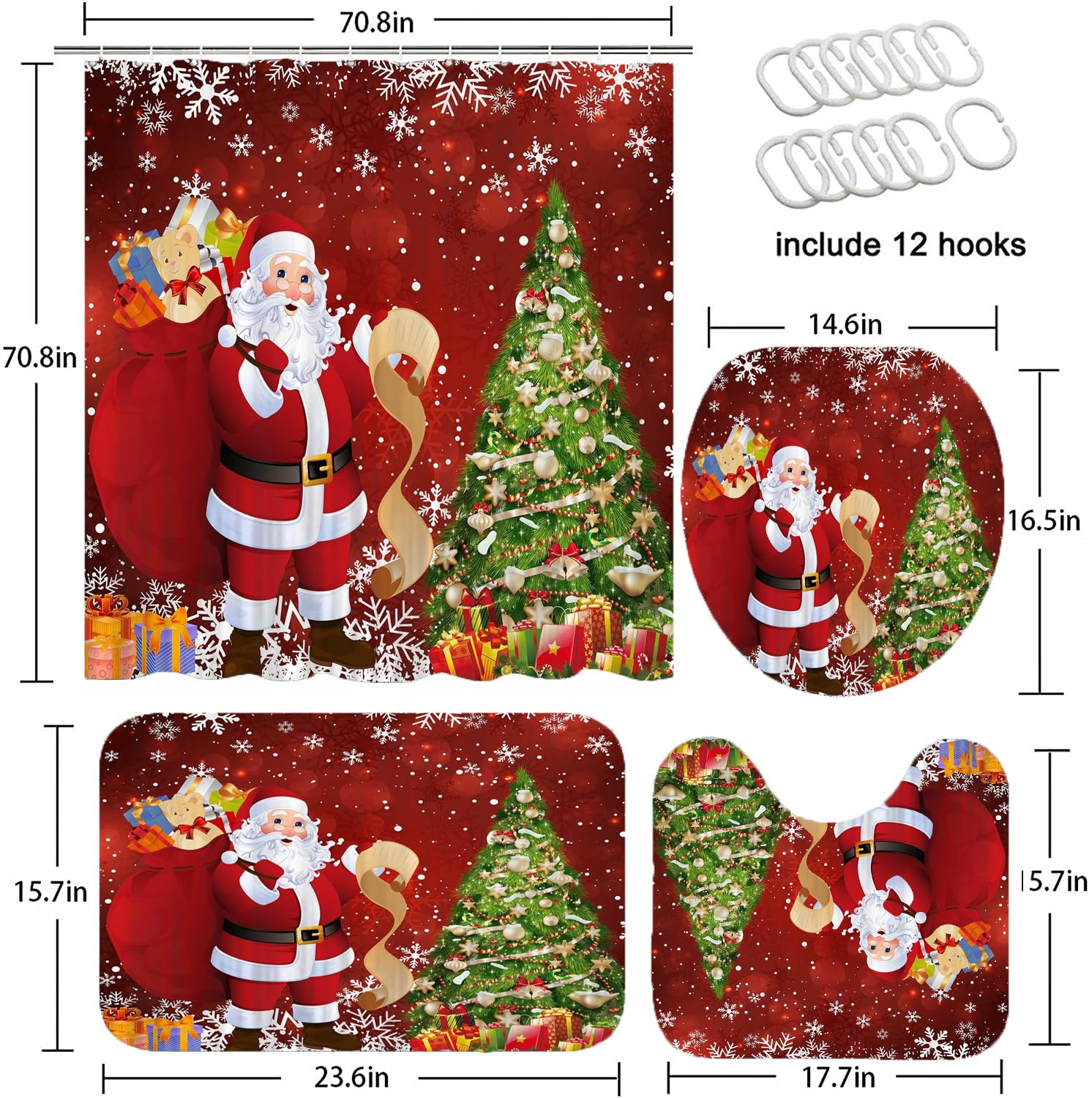 NBVKO 4PCS Christmas Santa Claus Snow Red Shower Curtain,with Non-Slip Rugs,Toilet Lid Cover and Bath Mat,Christmas Tree Bathroo