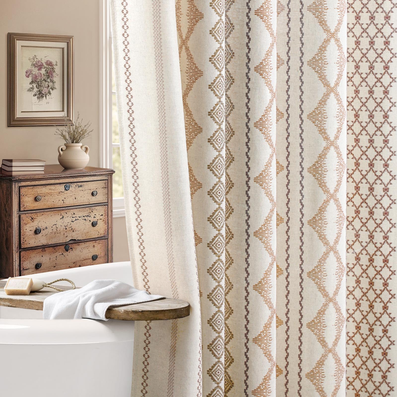Nddycu Boho Linen Shower Curtain For Bathroom With Striped Print,72 W X 84 L,Beige,Extra Long Size