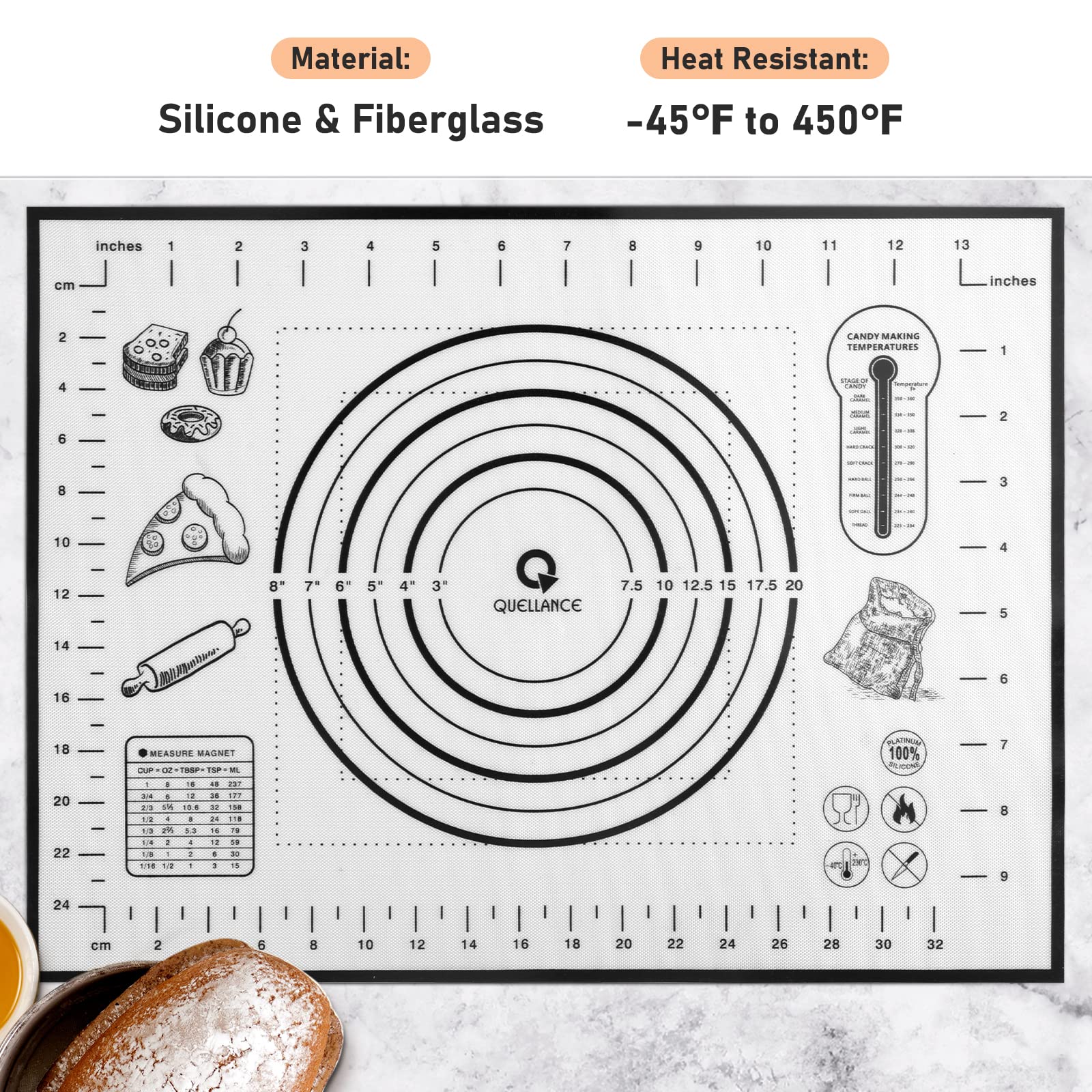 Silicone Pastry Mat With Measurement, Kids Baking Mat For Fondant, Rolling Dough, Pie Crust, Pizza And Cookies, Dough Mat, Count