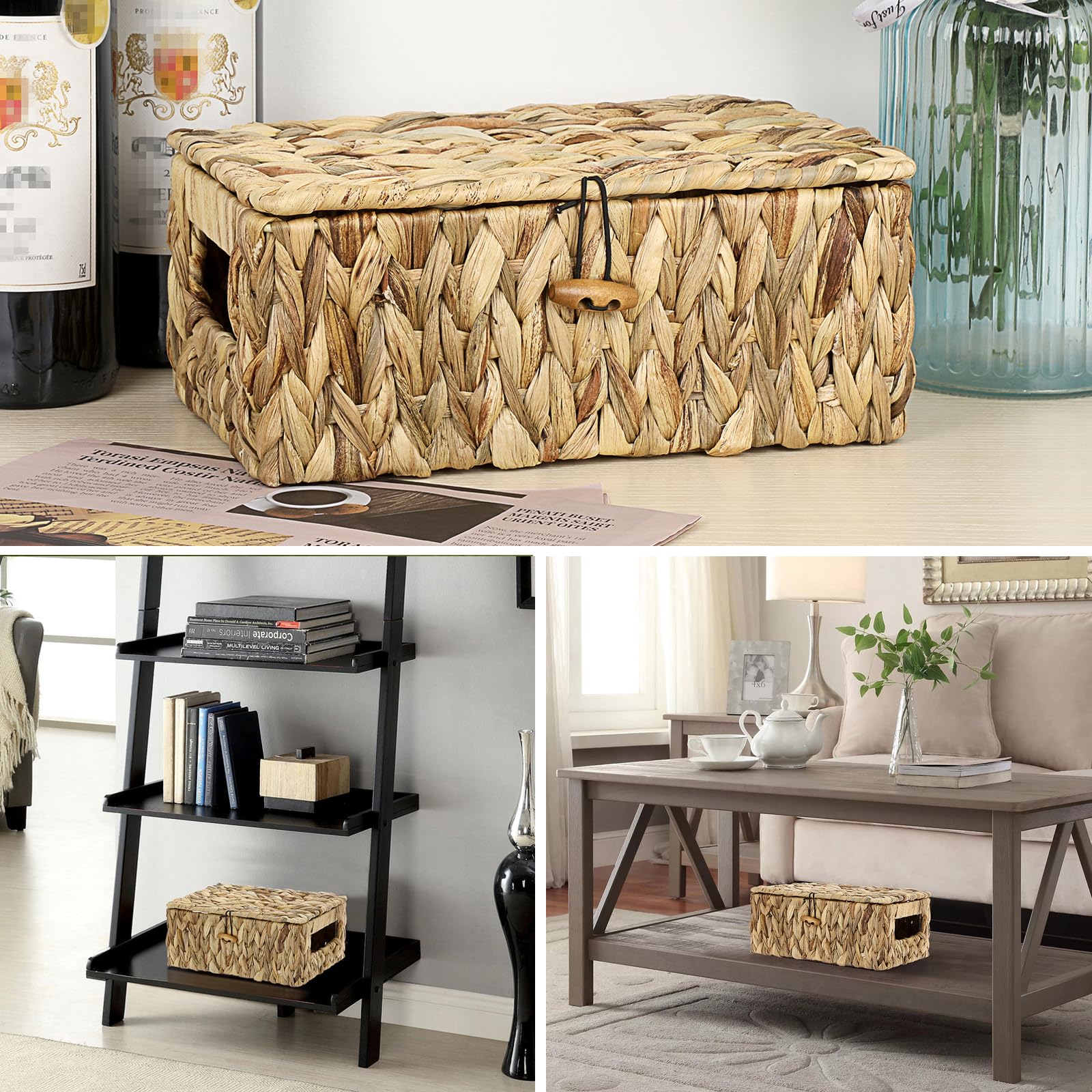Hipiwe Wicker Shelf Baskets Bin For Organizing Water Hyacinth Storage Basket With Lid Decorative Box Built With Handles, Small N