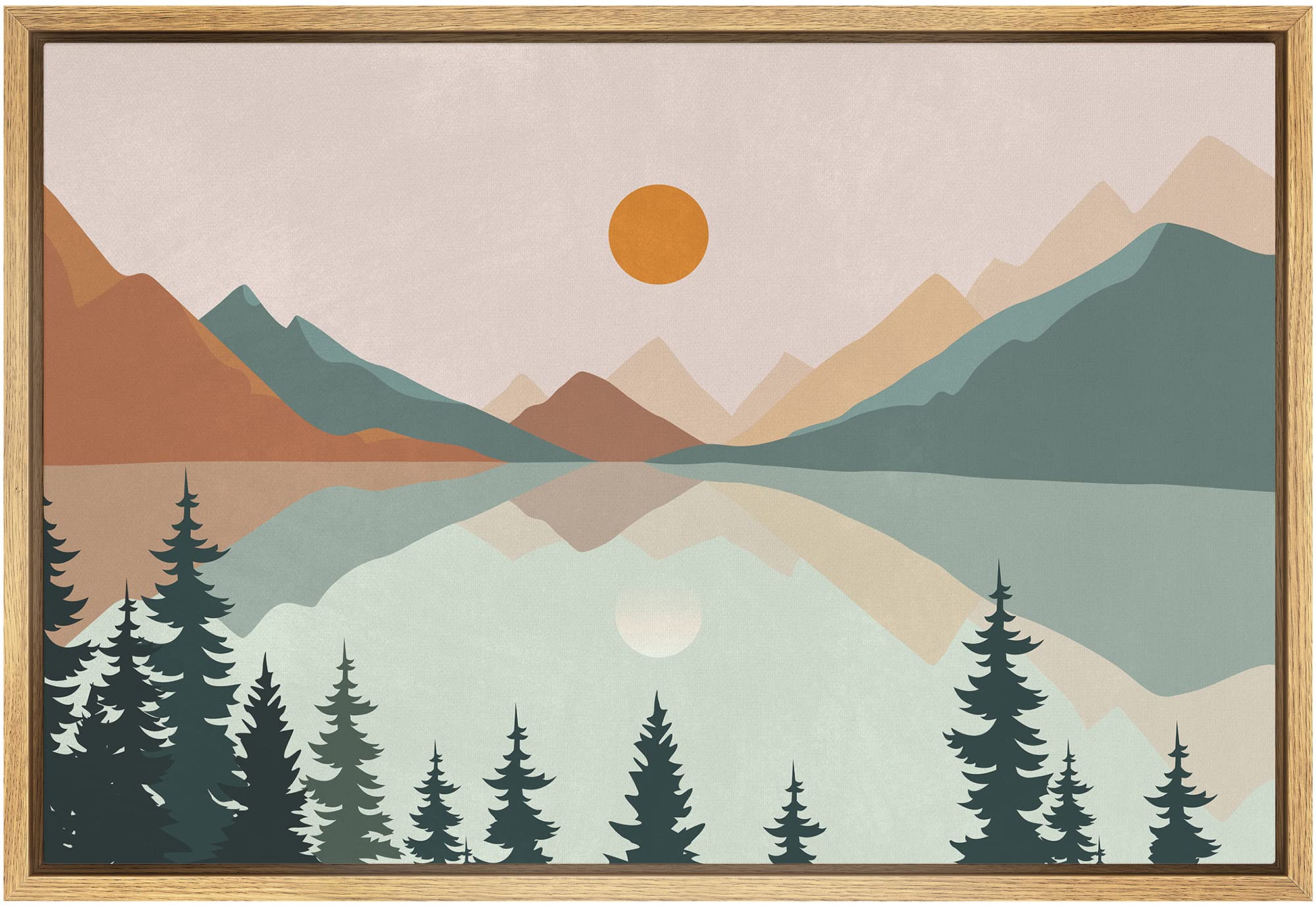 Signford Framed Canvas Print Wall Art Pastel Mountain Tree Forest Lake Nature Wilderness Illustrations Modern Art Decorative Boh