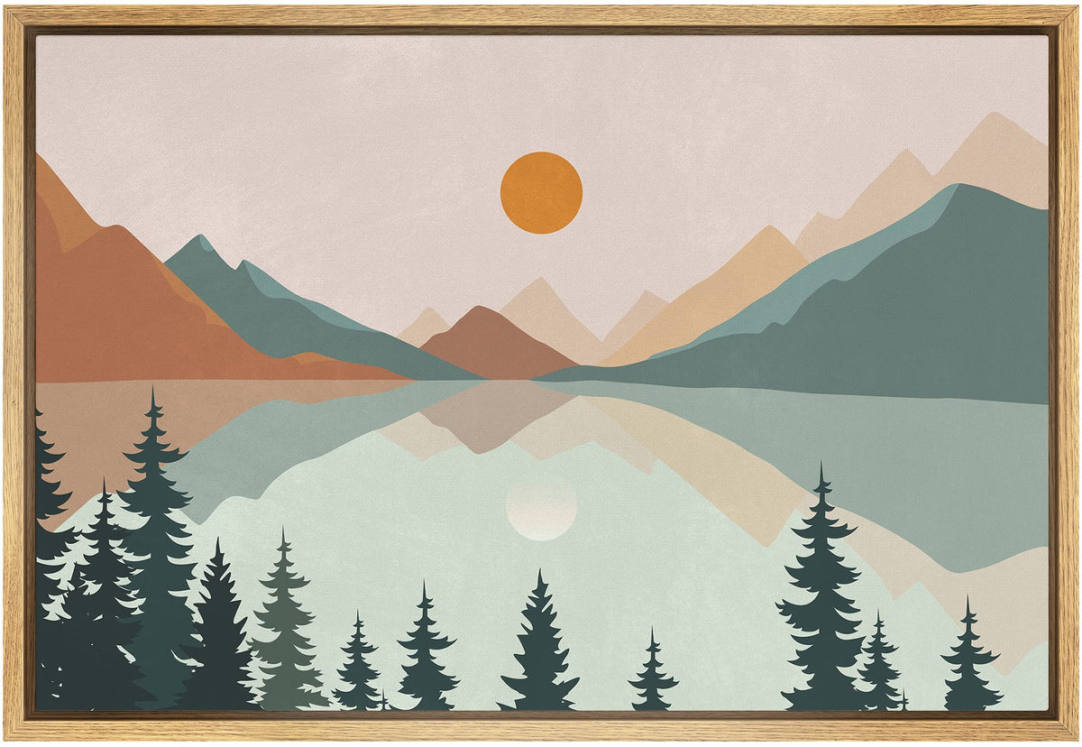 Signford Framed Canvas Print Wall Art Pastel Mountain Tree Forest Lake Nature Wilderness Illustrations Modern Art Decorative Boh