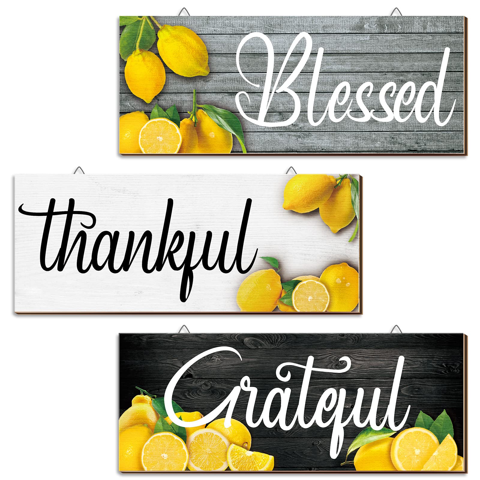 Amyhill 3 Pieces Lemon Wall Decor Grateful Thankful Blessed Art Signs Lemon Decorations for Home Wall decor for Front Door Farmh