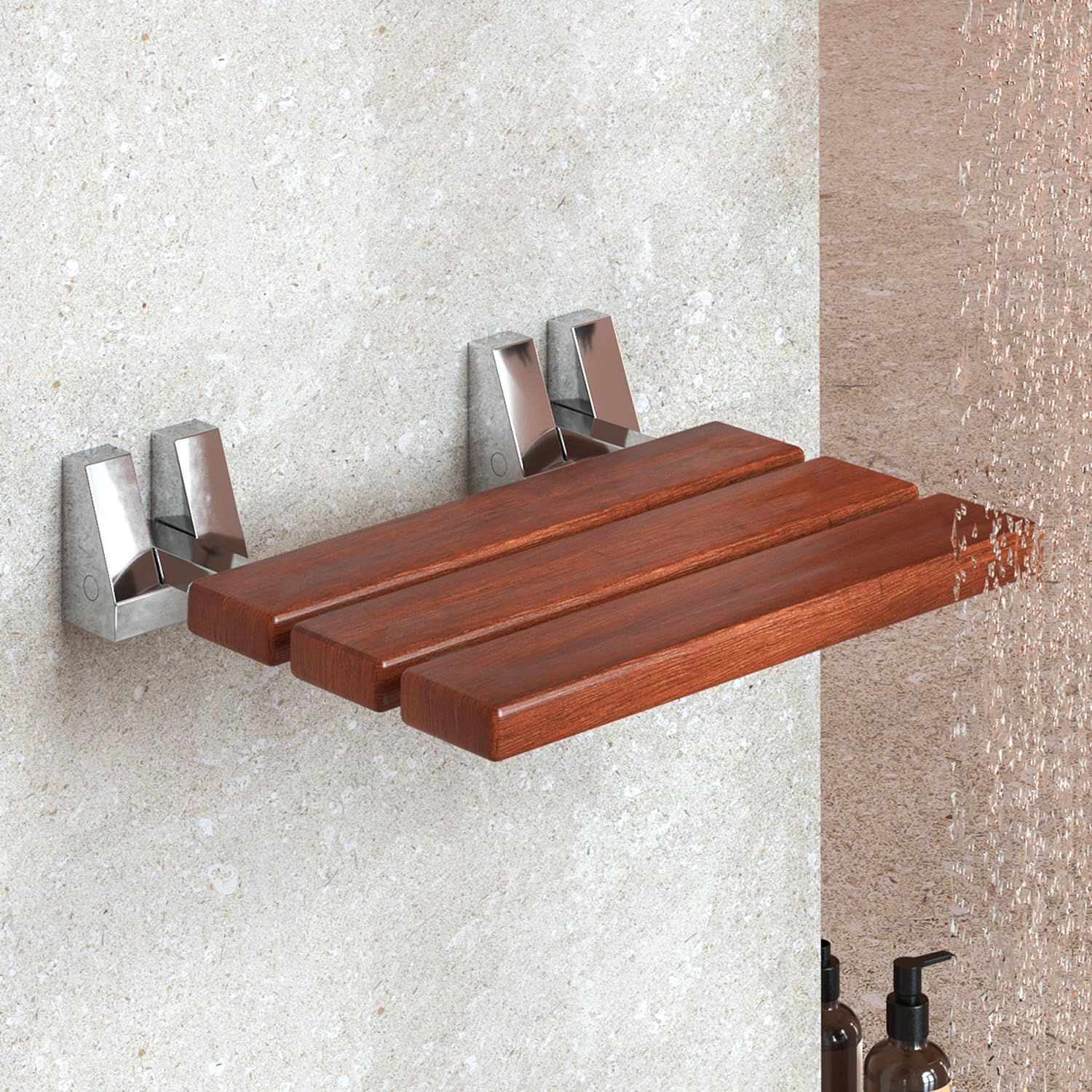 Folding Shower Seat - Teak Shower Seat Wall Mounted - 16 Inch Floating Fold Down In Shower Bench - Fold Up Bathroom Stool - Fold