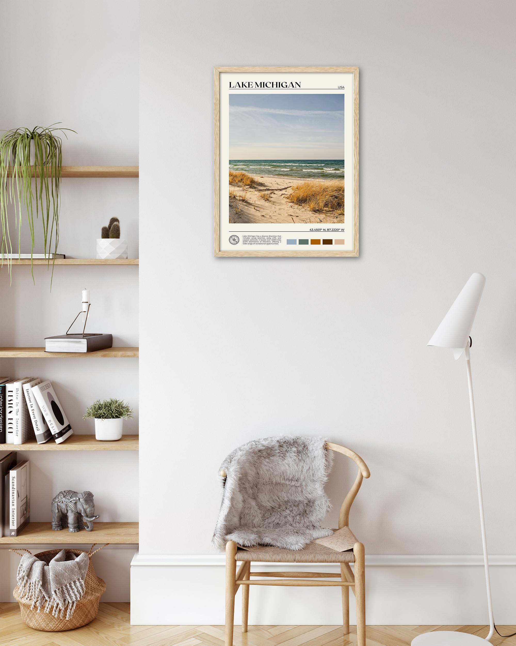Hesendot Natural Oak Wood Lake Michigan Framed Wall Art,12X16In Natural Scenery Canvas Wall Print,Classic Urban City Landmark Wa