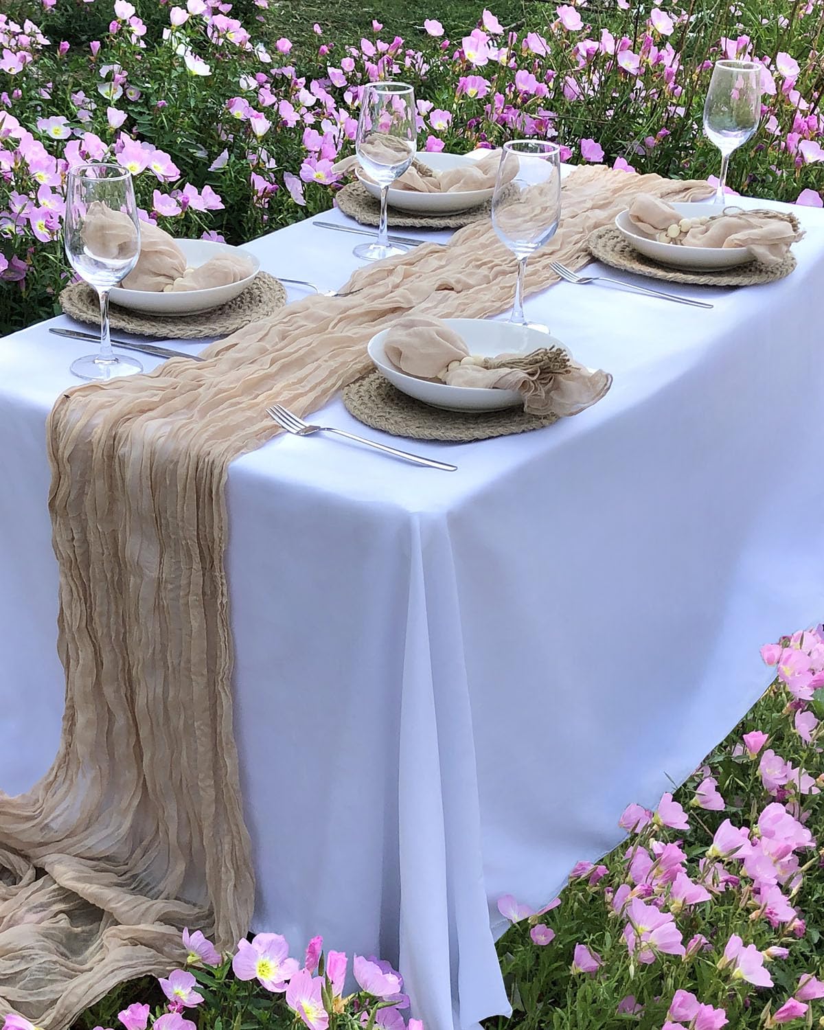 Fusenyuan Beige Cheesecloth Table Runner 10Ft +6 Napkins +6 Wood Bead Tassel Napkin Rings (120'' X 35'' ) Rustic Gauze Sheer Tab