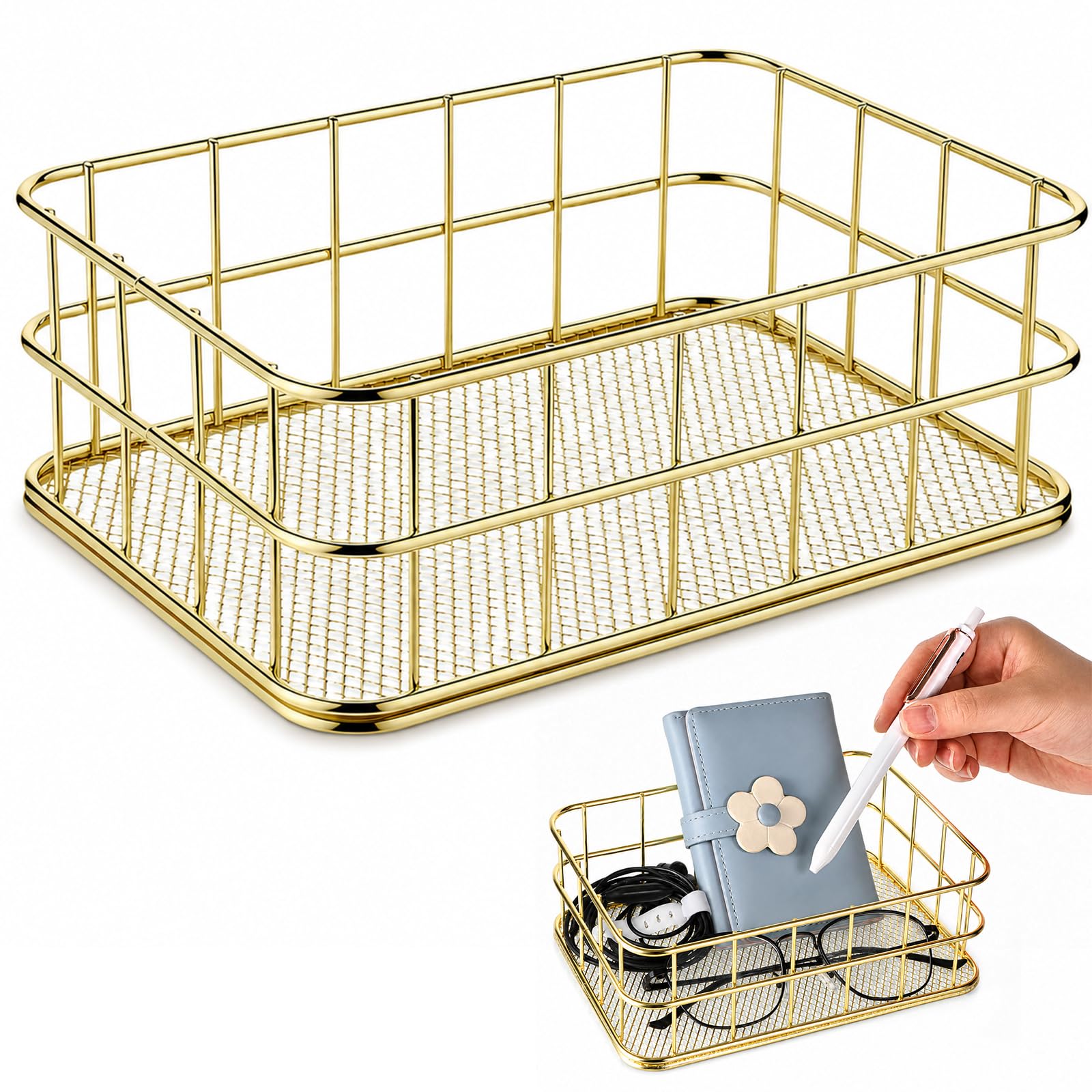 Gold Metal Wire Basket, 6.7 x 4.7 x 2.4 Inch Small Storage Basket Stackable Metal Wire Mesh Bin for Organizing for Home Desk Pan