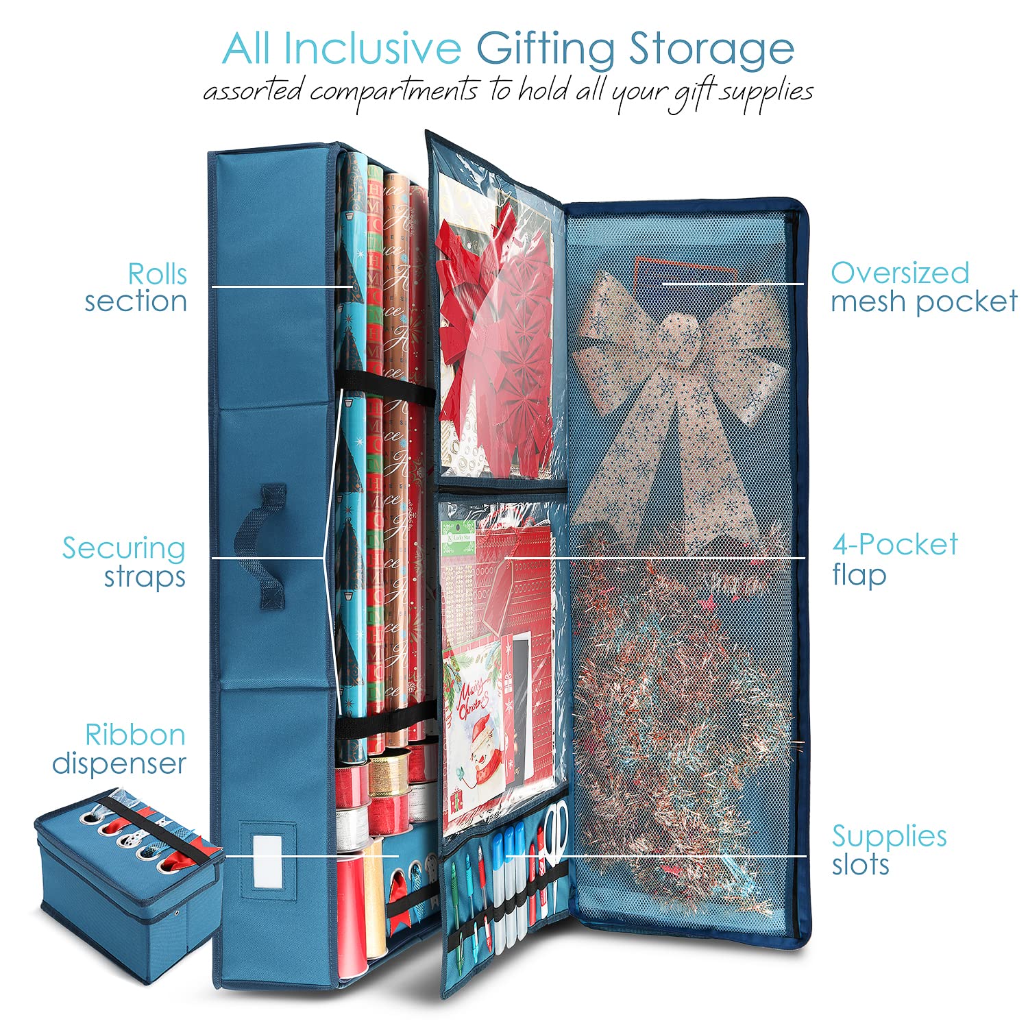 Hearth & Harbor Wrapping Paper Storage Organizer - Large Steel Blue Fabric Under-Bed Box for Holiday & Gift Wrap Storage - Model VDS-HHHS08