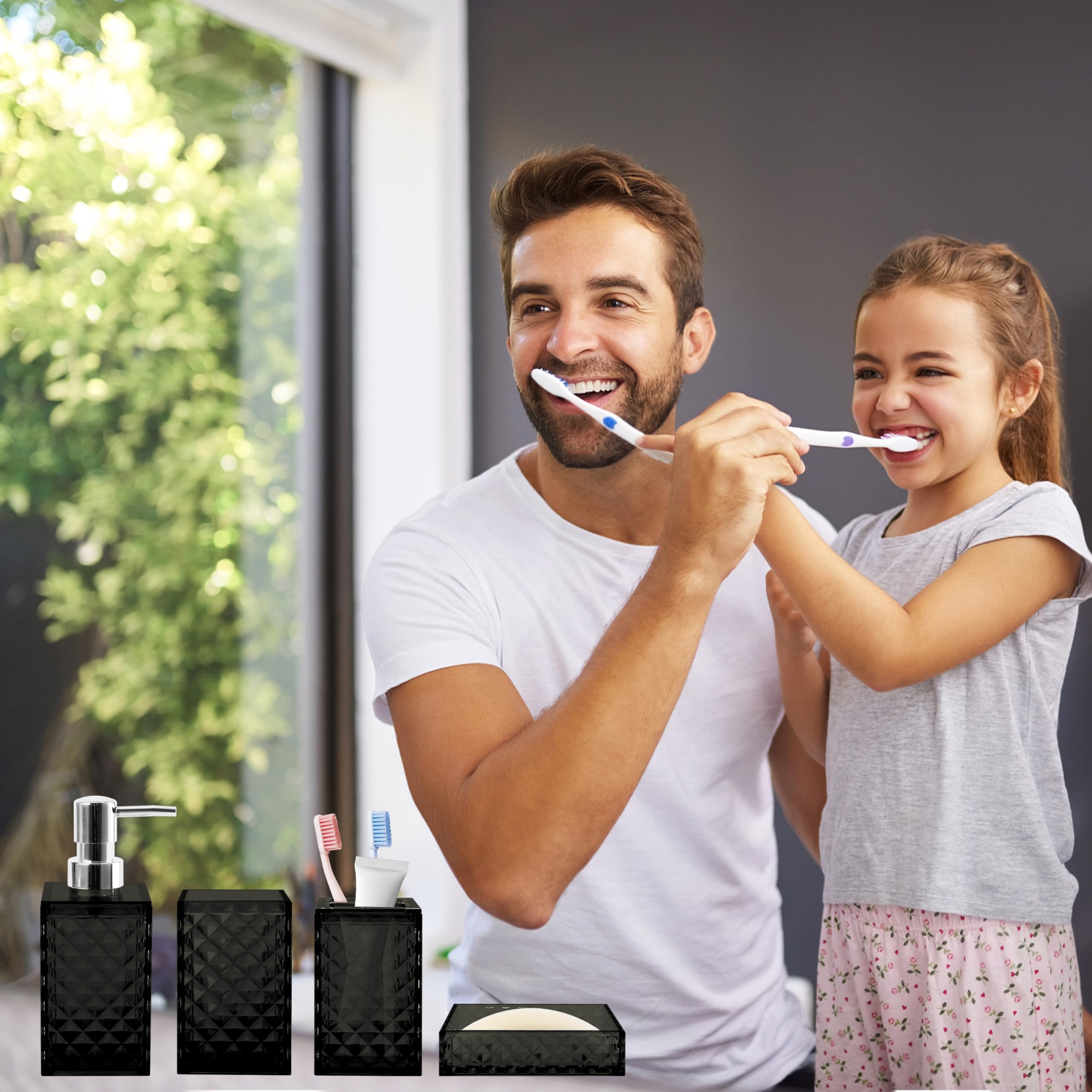 Seeatoo Bathroom Accessory Set - 4 Pcs Black Plastic Accessories, Soap Dispenser, Toothbrush Holder, Boho Decor, Model: Seeatoo-407H