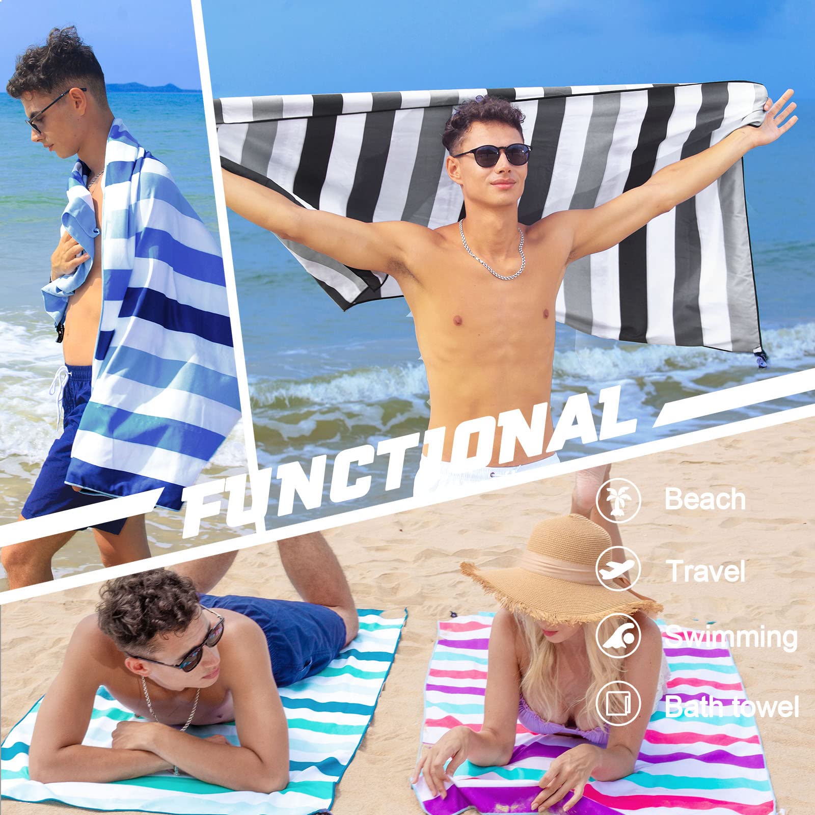 Exclusivo Mezcla Oversized Microfiber Quick Dry Beach Towel, Lightweight Sand-Free Cabana Stripe Pool Travel Camping Towel With