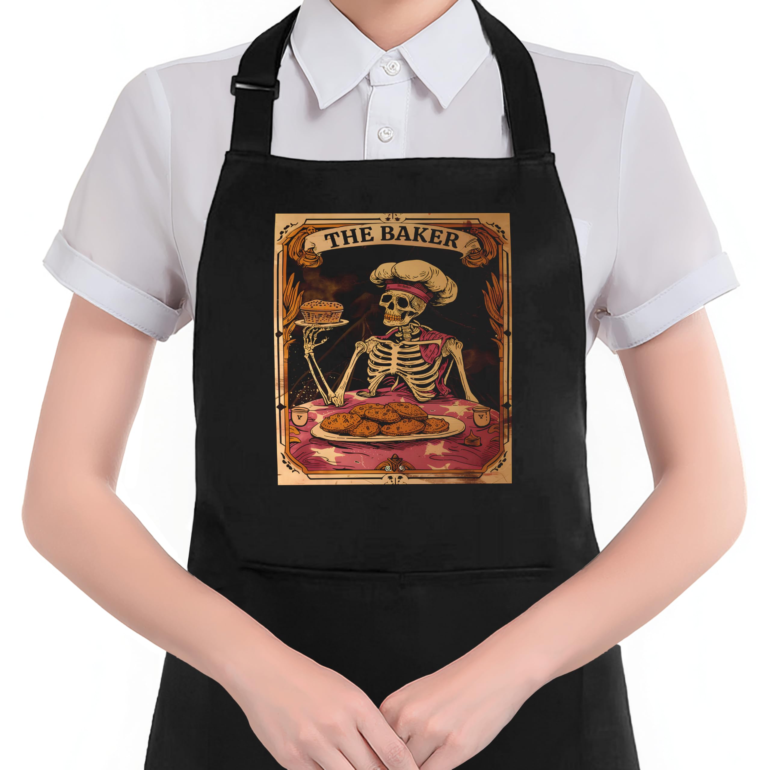 Hugane Funny Gothic Skeleton Baker Apron With Pockets, Gifts For Baking Lovers, Dark Academia Goth Skull Waterproof Adjustable C