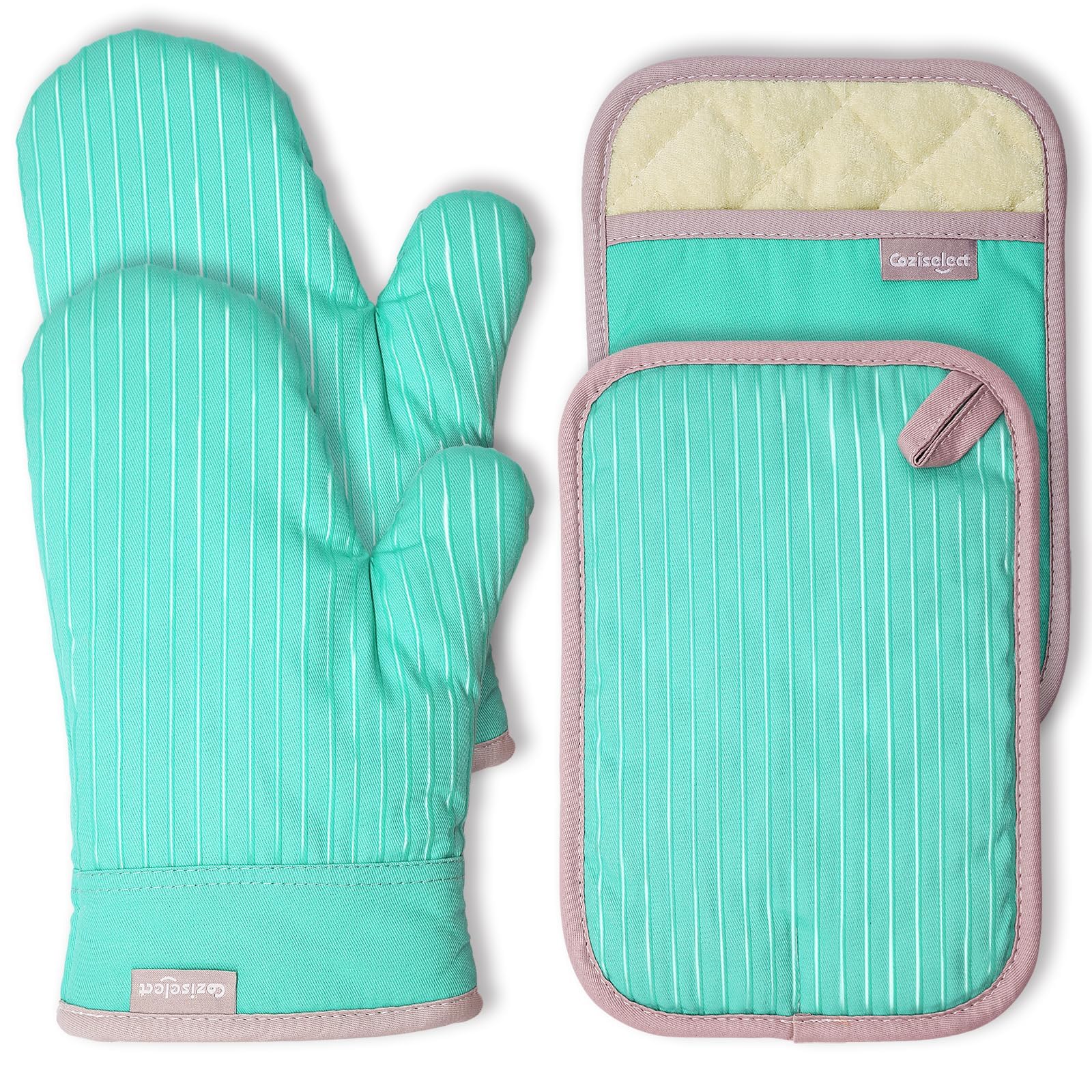 Coziselect Oven Mitts and Pot Holders Set, 4-Piece Heat Resistant Kitchen Set with Pocket Style Hot Pads & Silicon Non-Slip, Qui
