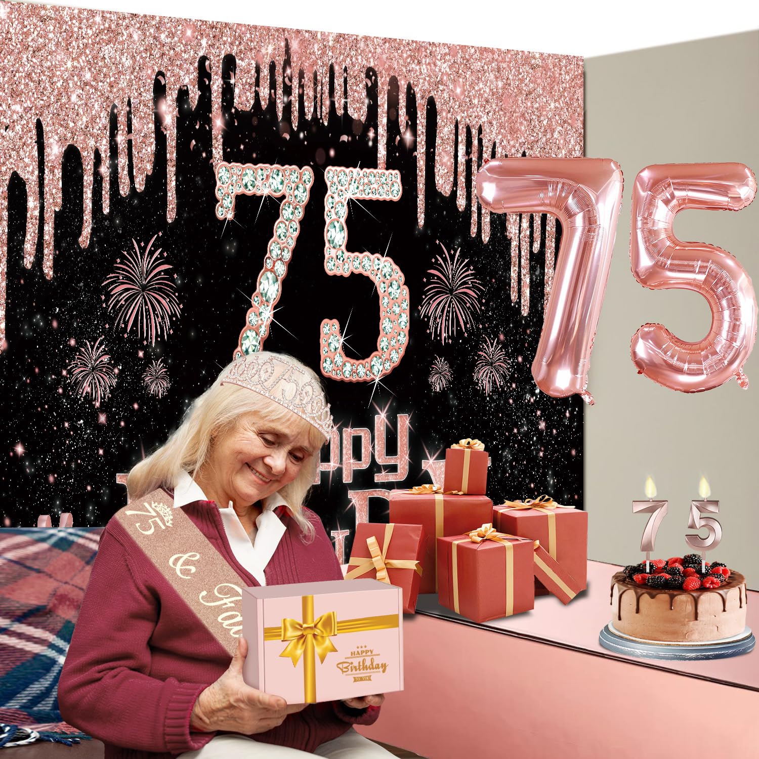 75Th Birthday Decorations For Women With Banner, Rose Gold Tablecloth, Number Balloons, 75Th Birthday Sash And Tiara, Cake Toppe