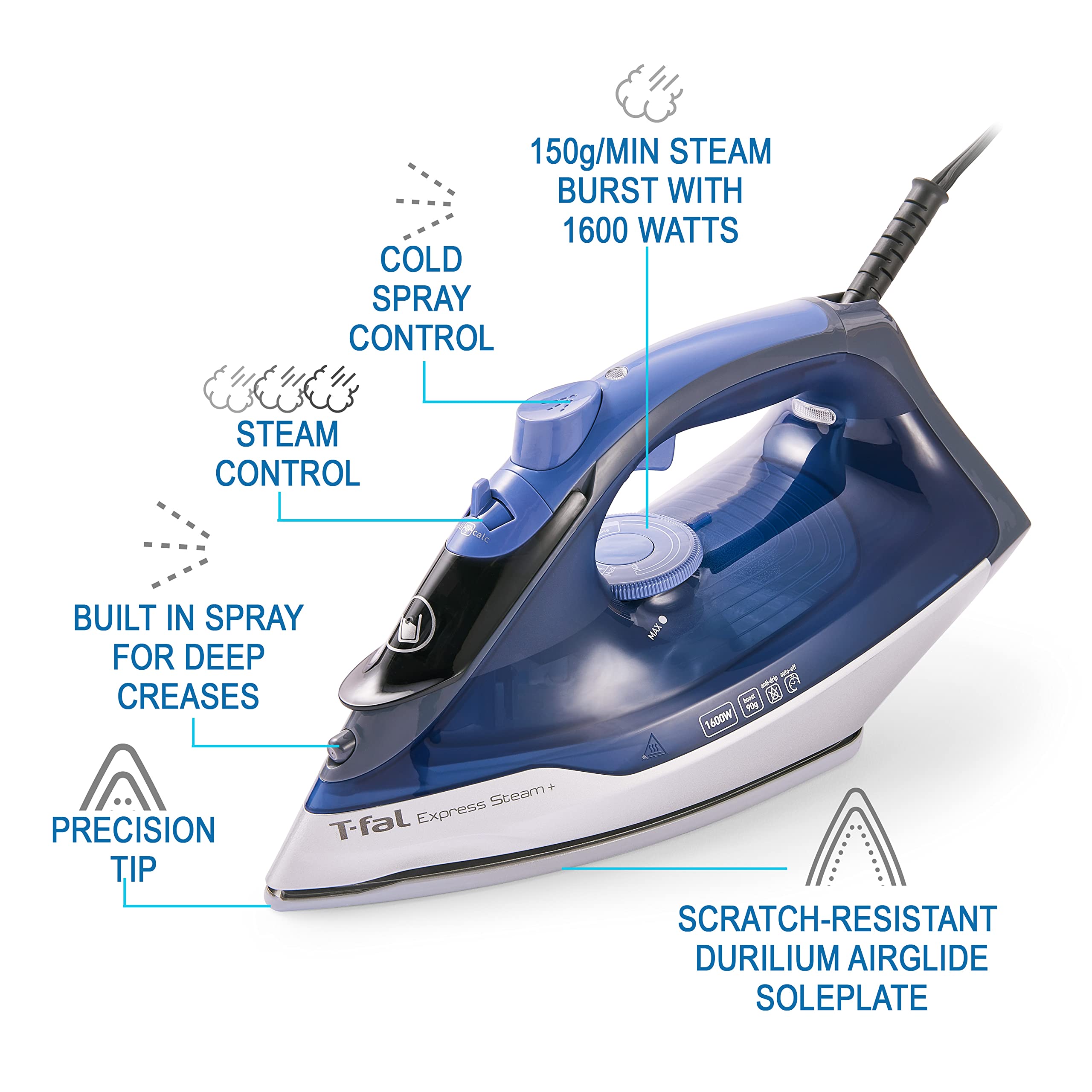 T-Fal, Iron, Express Steam Iron For Clothes, Durilium Soleplate, Precision Tip, 30 Second Auto Shut Off, 1600 Watts, Anti-Drip,